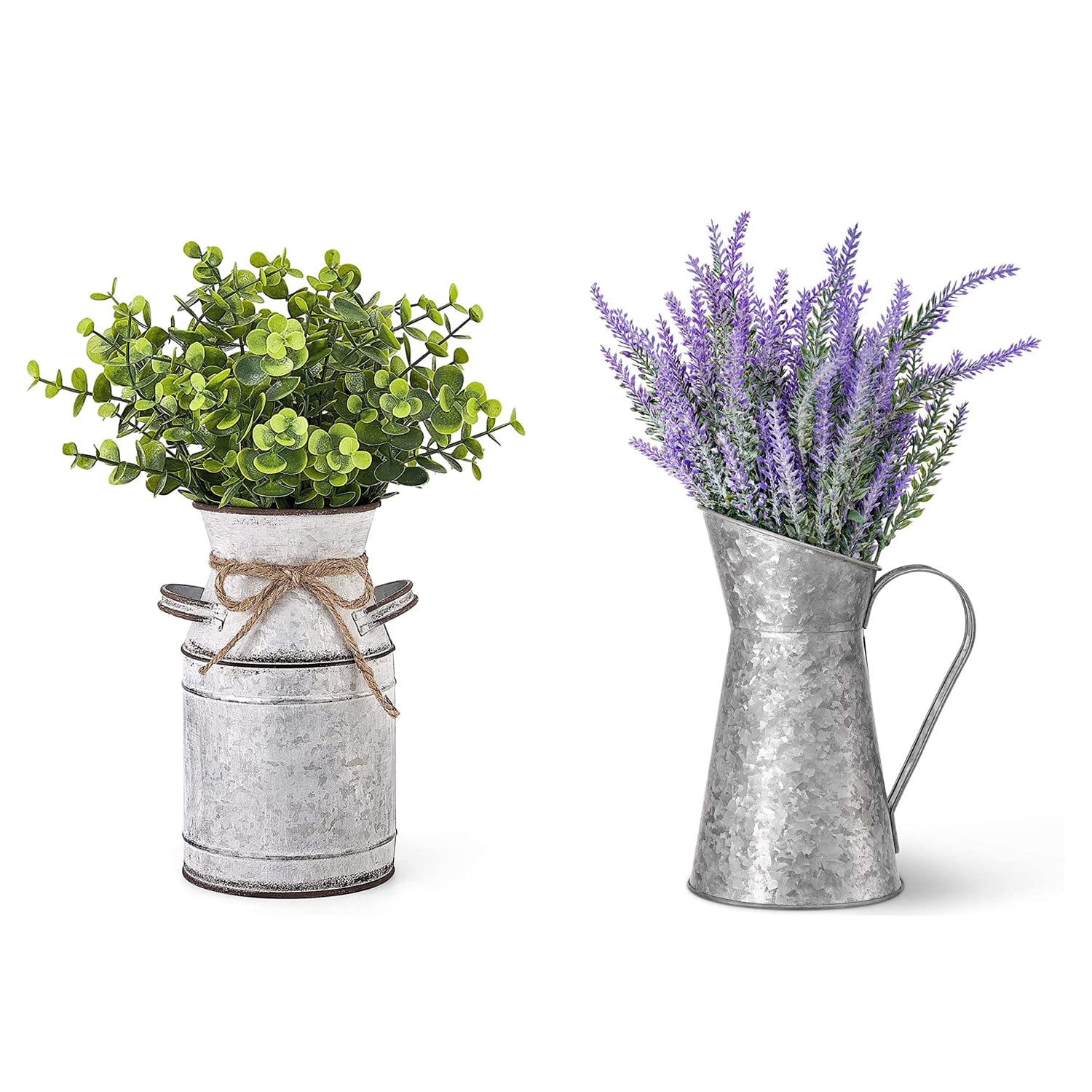 Dahey 2 Pack Metal Flower Vases with Artificial Eucalyptus Stems - Elegant Home Decor for Centerpieces, Bedroom, Kitchen, Dining Table & Wedding Decorations - Perfect for Rustic, Farmhouse & Modern Interior Design