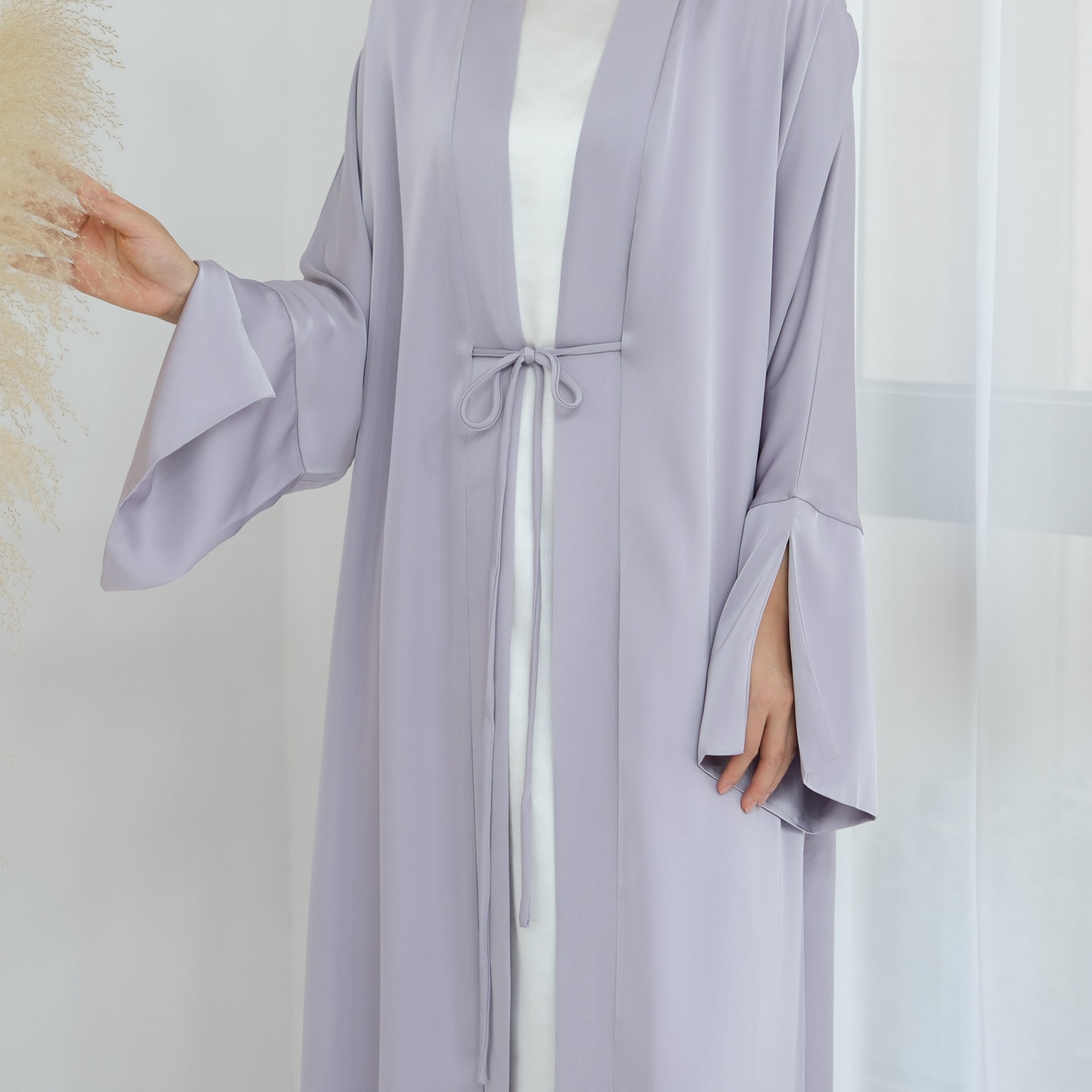 Lavinia Satin Open Abaya - Elegant Muslim Prayer Dress in Soft Lavender | Perfect for Prayer, Mosque, and Special Occasions