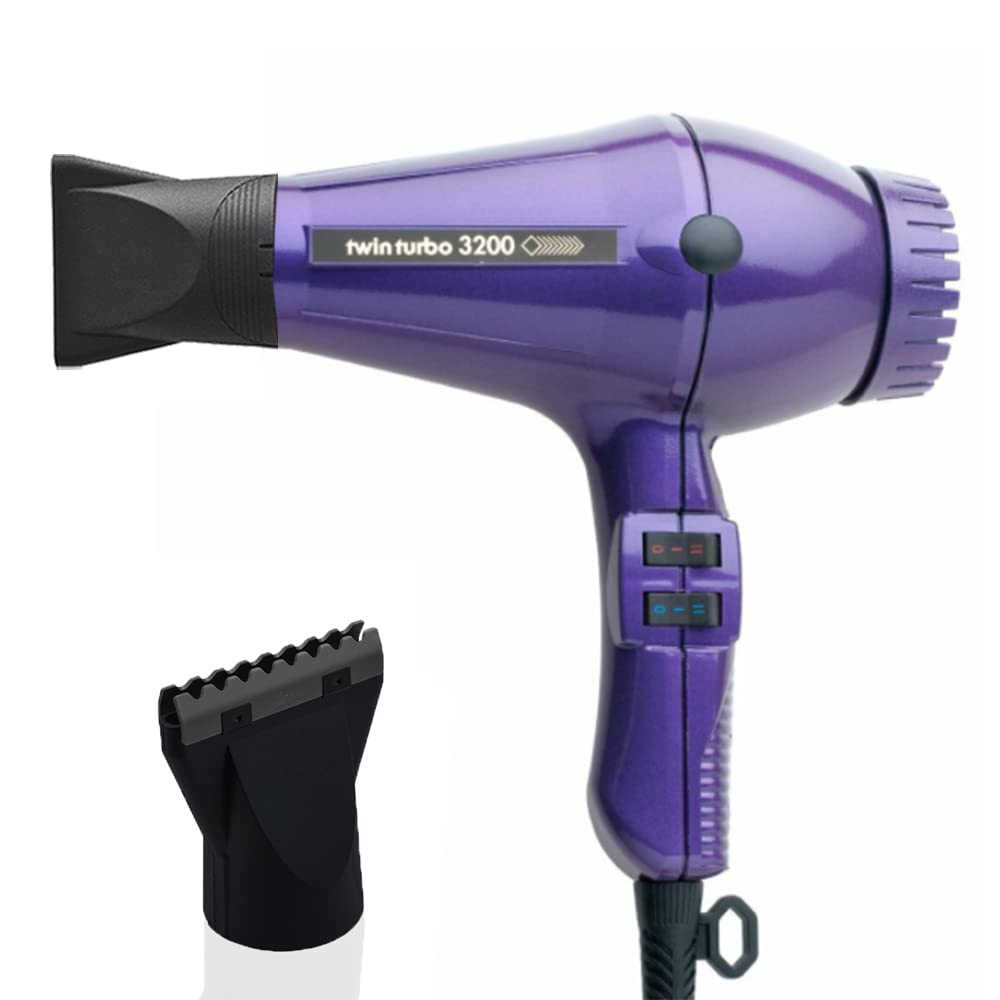 Turbo Power Twin Turbo 3200 Violet Hair Dryer with Hot Blow Attachment - Professional Salon Hair Styler for Fast Drying & Voluminous Blowouts - Perfect for Home Use, Travel & Salon Styling (2-Piece Set)