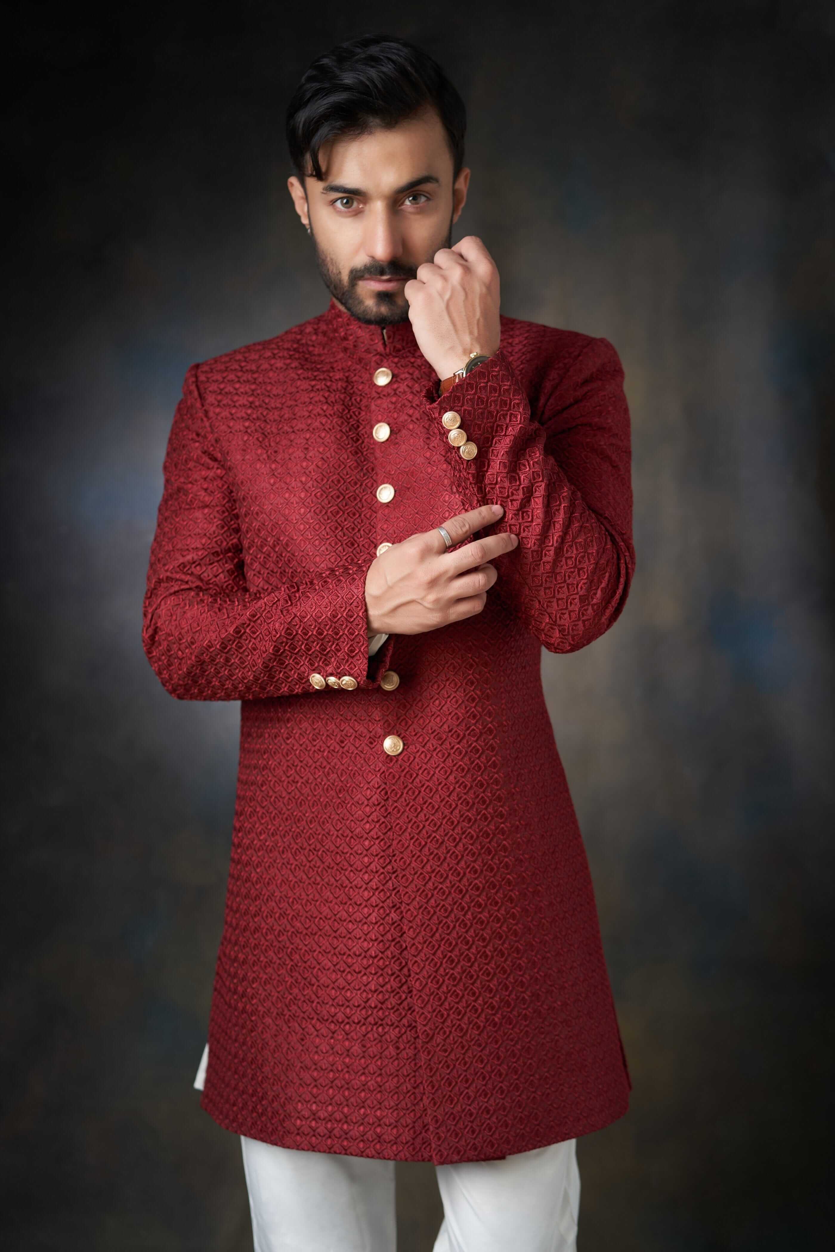 Deep Maroon Embroidered Sherwani for Men - Traditional Indian Wedding Attire & Festive Occasions