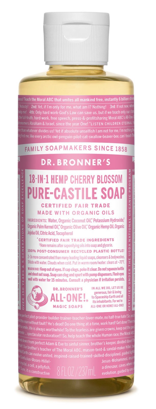 Dr. Bronner's Organic Cherry Blossom Liquid Castile Soap - 8 oz | All-Natural Body Wash, Face Cleanser & Shampoo | Vegan, Cruelty-Free for Sensitive Skin