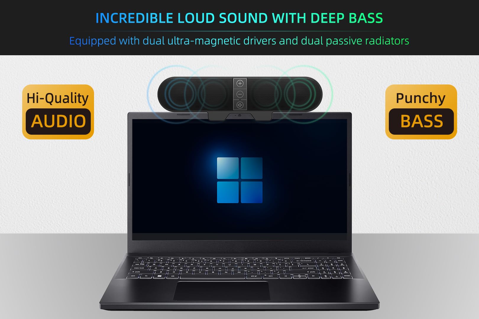 USB Computer Speakers for PC & Laptop - Clip-on Soundbar with Deep Bass for Gaming & Office Work
