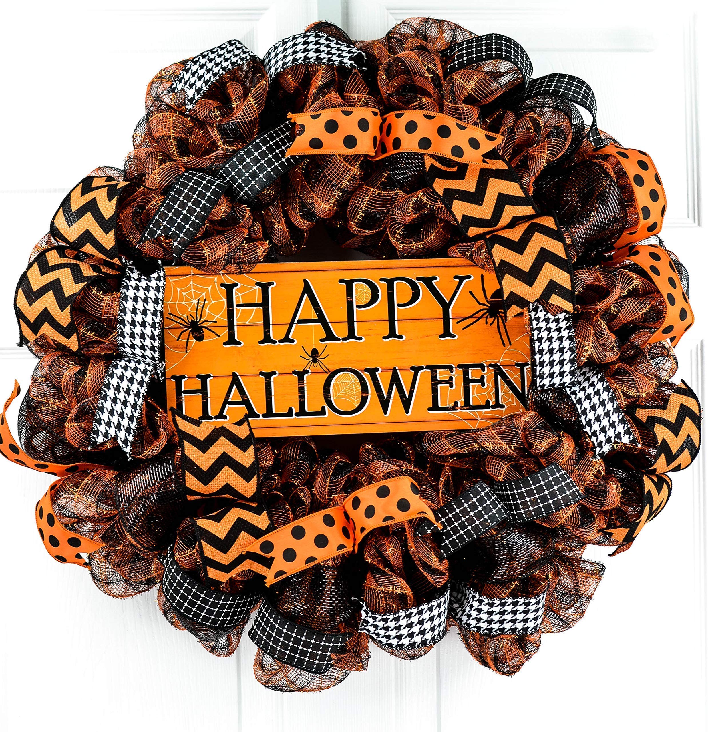Spooky Halloween Spider Mesh Wreath for Front Door - Black, Orange & White Outdoor Decor - Perfect for Porch, Home & Party Decorations