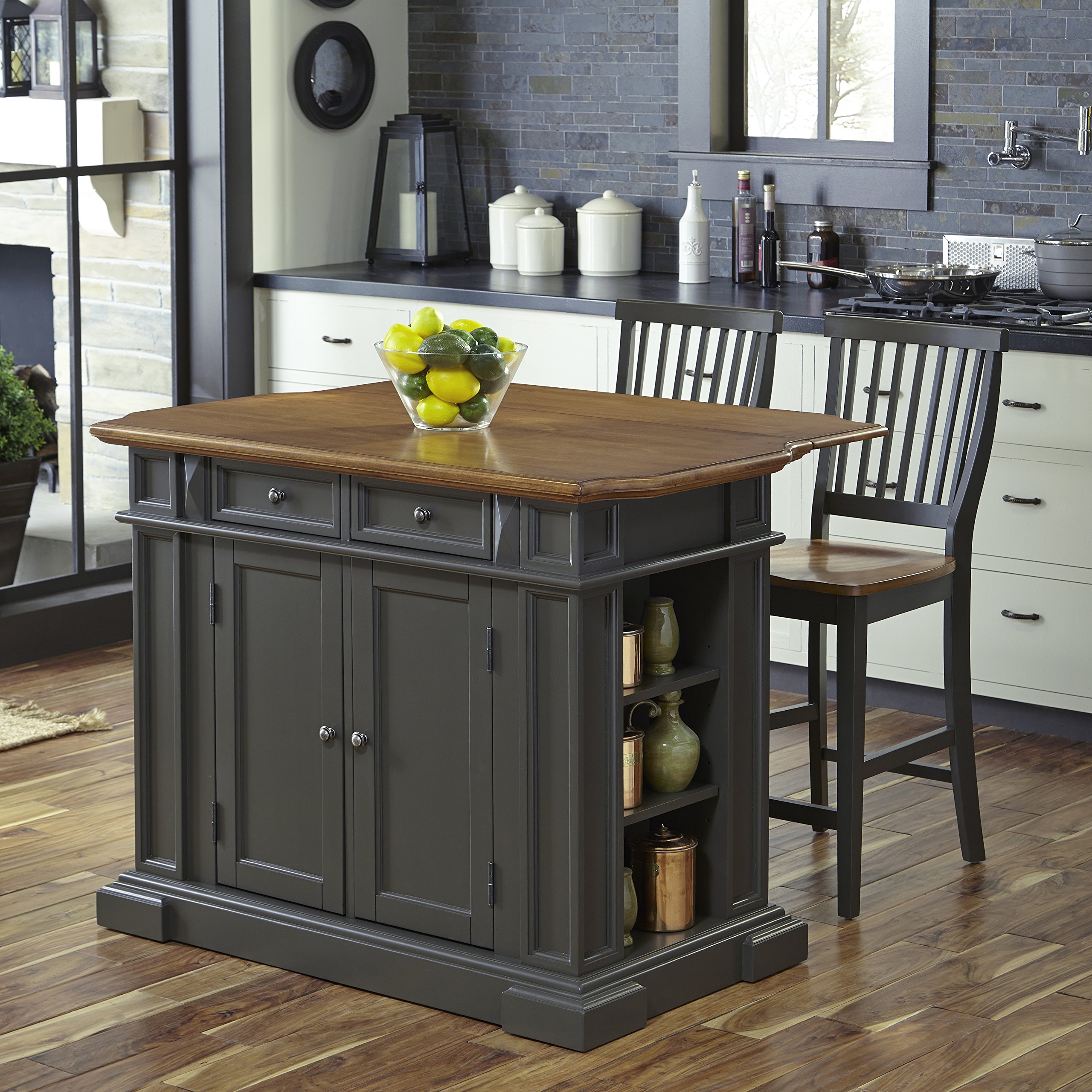 Homestyles Americana Gray Kitchen Island with Drop Leaf Breakfast Bar - Stylish & Functional Kitchen Furniture for Small Spaces, Perfect for Cooking, Dining & Entertaining