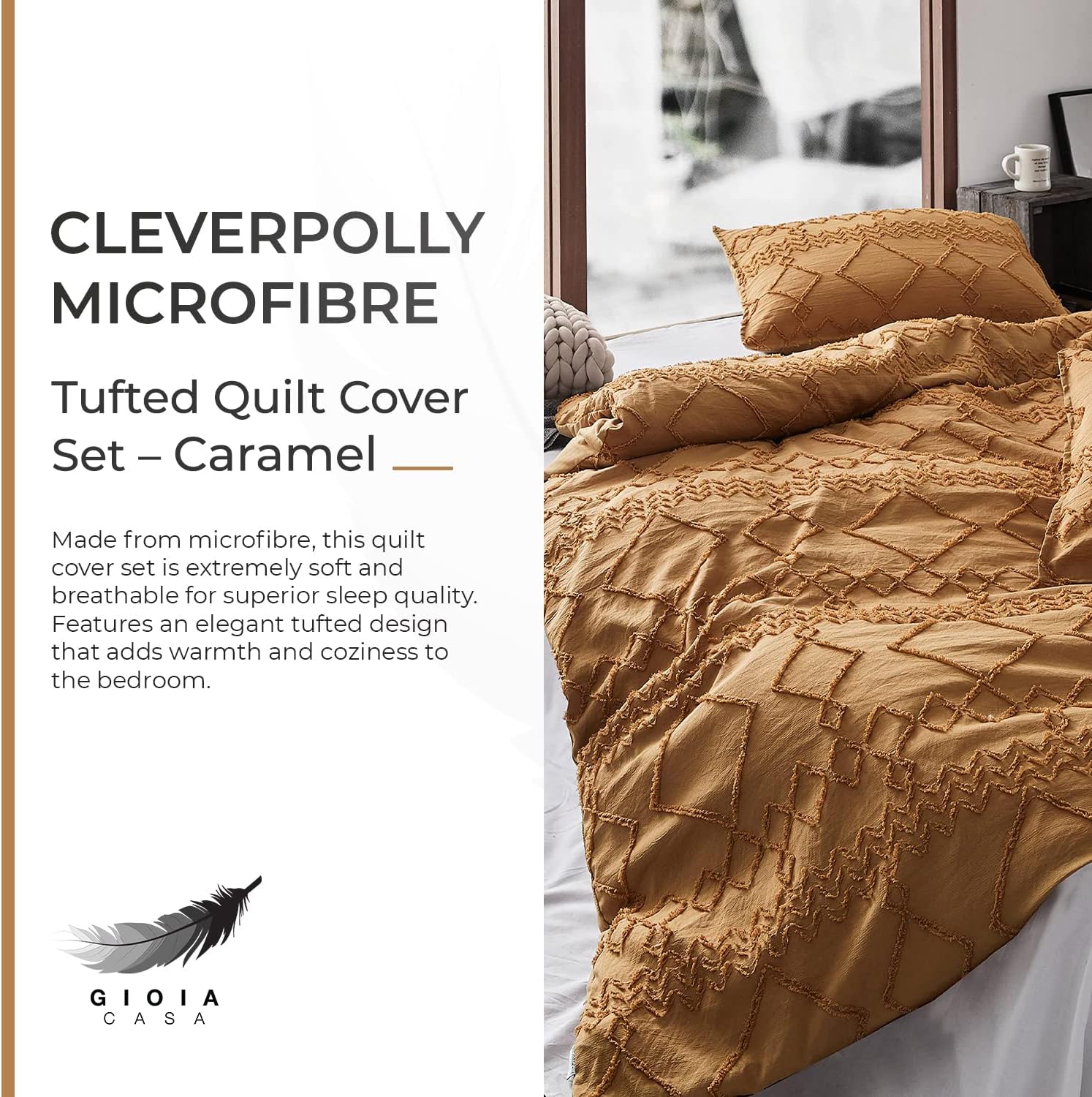 Premium Brushed Microfiber Tufted Quilt Cover Set (3Pcs) - Caramel - Super King Size - Ultra Soft Bedding for Luxurious Hotel-Style Comfort