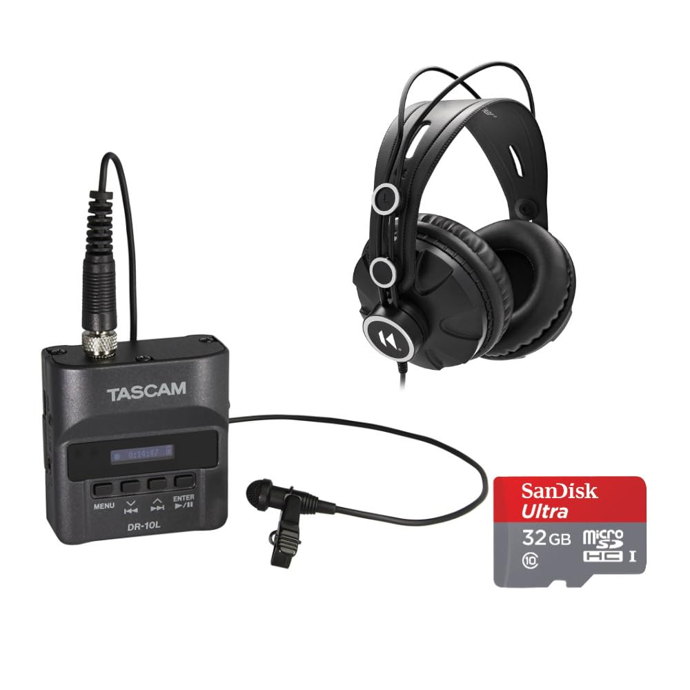 Tascam DR-10L Digital Audio Recorder Bundle with Professional Closed-Back Studio Headphones & 32GB SD Card - Perfect for Podcasting, Field Recording, Interviews & Music Production
