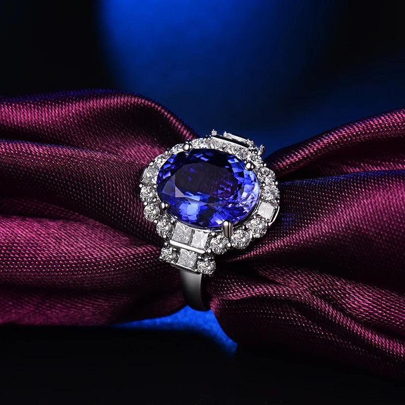 100% Natural Blue Tanzanite Oval Cut 18K White Gold Diamond Ring for Women - Elegant Engagement, Wedding & Anniversary Jewelry Gift