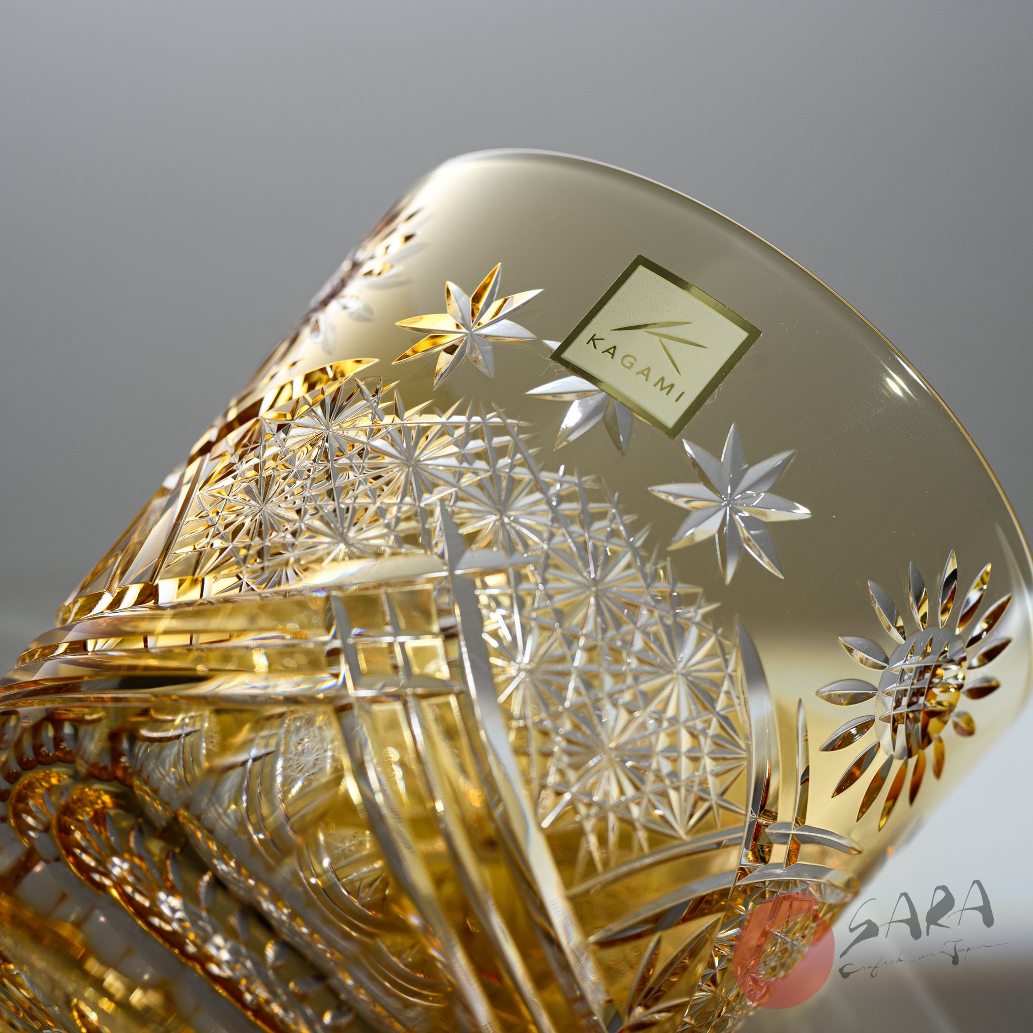 KAGAMI x OSARA Collaboration Crystal Rock Glass - Sunflower Design, Premium Whiskey Tumbler for Bourbon, Scotch & Cocktails - Elegant Barware for Home & Gifts