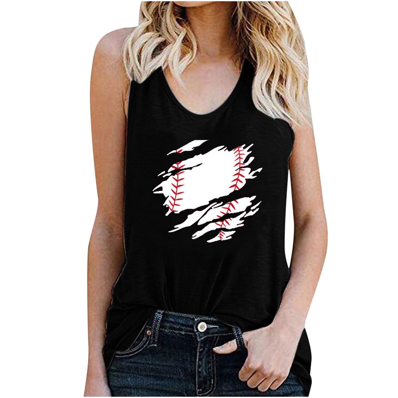 Women's Summer V-Neck Graphic Tank Tops - Loose Casual Sleeveless Shirts for Workout & Yoga | Breathable Comfort for Gym, Beach & Everyday Wear