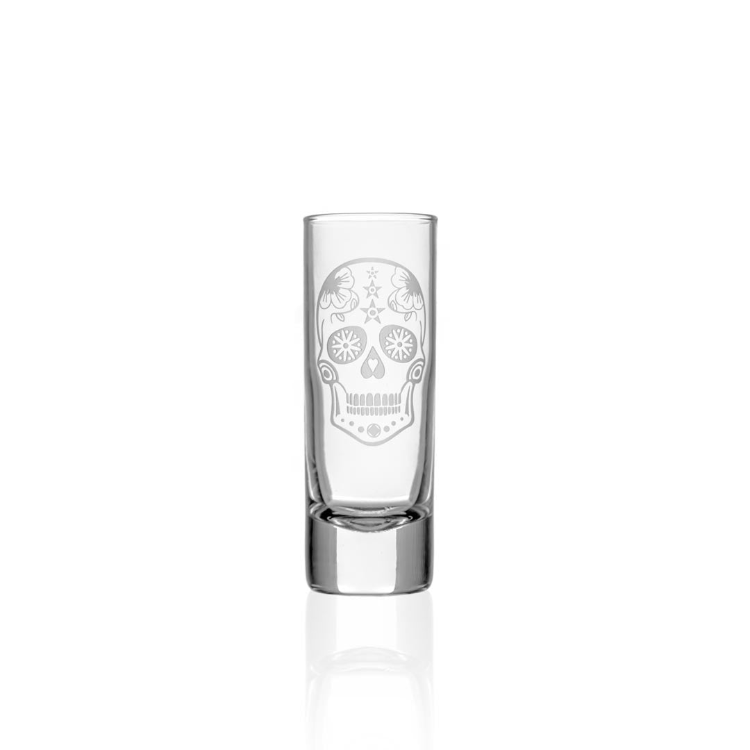 Sugar Skull 2.5oz Cordial Shot Glass Set of 4 - Day of The Dead Party Supplies for Halloween, Cinco de Mayo & Mexican Themed Celebrations