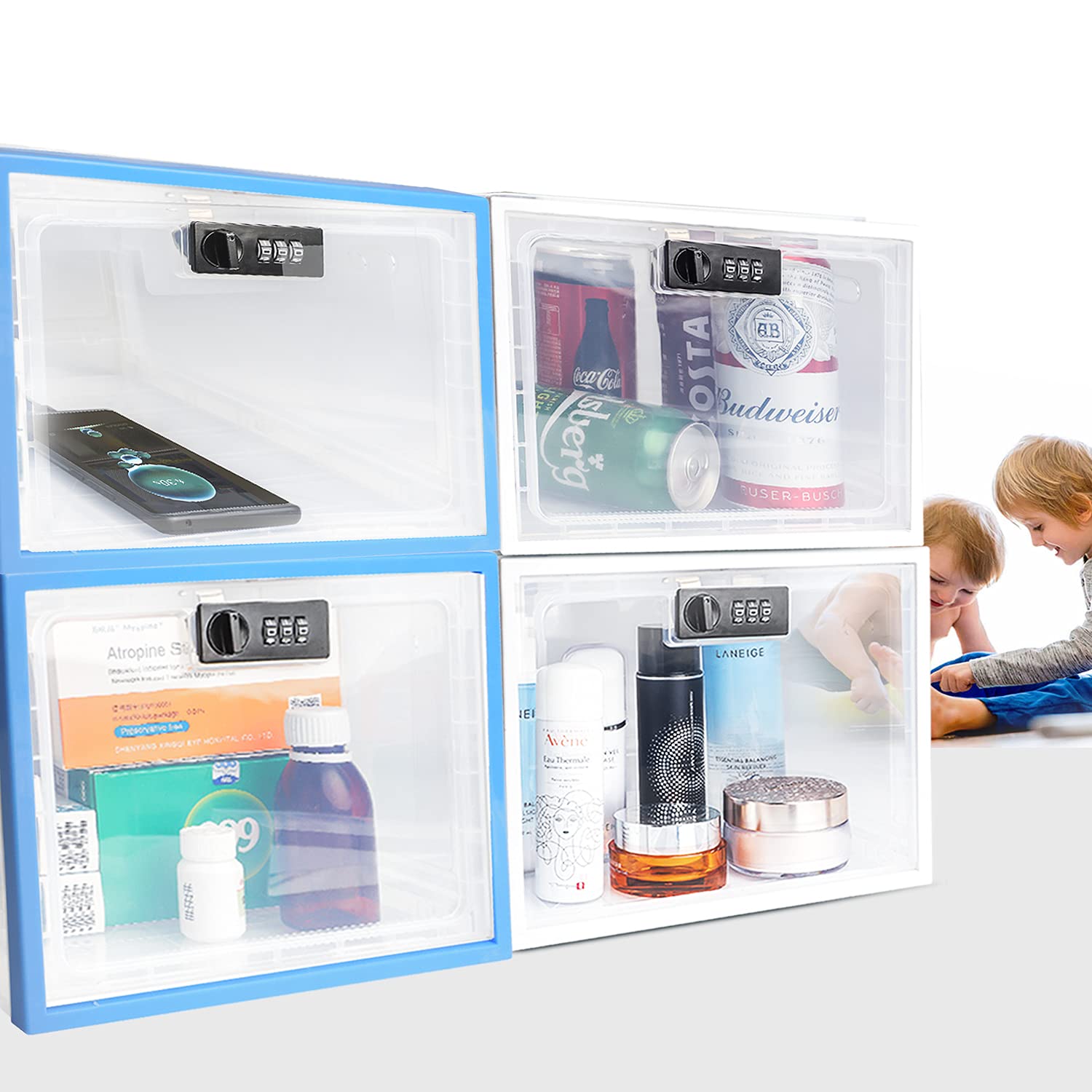 SANIDIKA 2 Pack Large Lockable Medicine Storage Box - Childproof First Aid Organizer with Key Lock for Pills, Medical Supplies & Small Electronics - Perfect for Home, Office, Travel and Refrigerator Use
