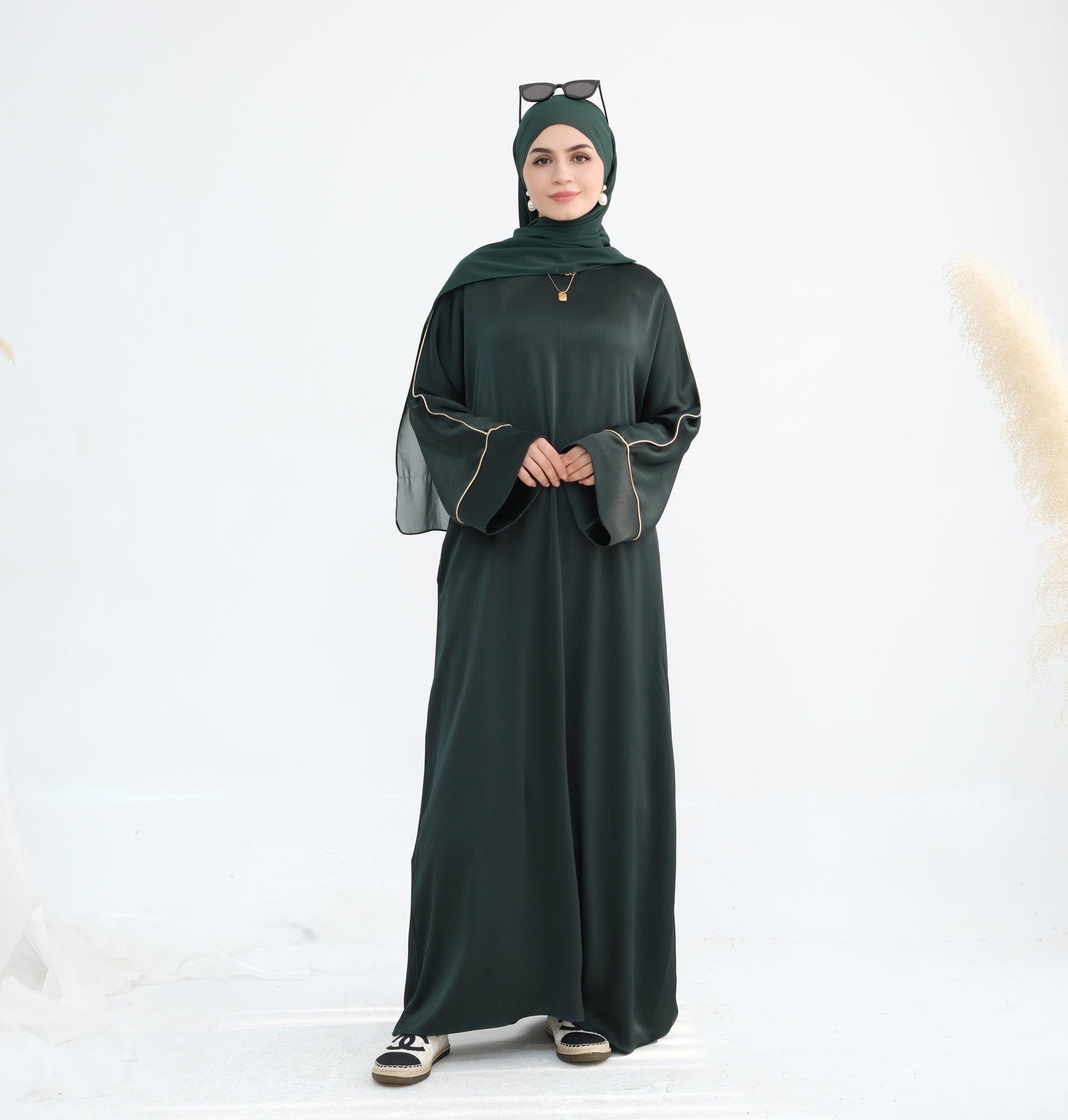 Stylish Ayana Textured Piping Detail Abaya Dress - Green | Modest Islamic Fashion for Women | Perfect for Prayer, Mosque & Special Occasions