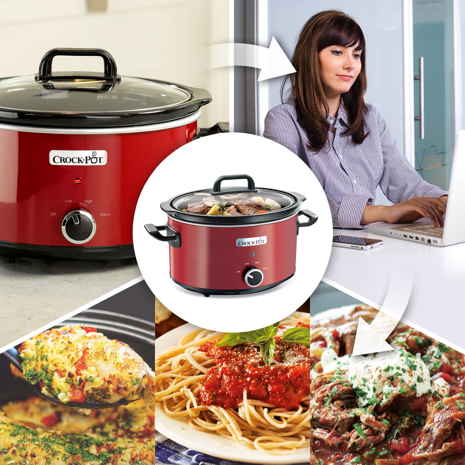 3.5L Slow Cooker Crock-Pot with 2 Cooking Settings & Keep Warm Function - Ceramic Red Pot for 4 People (210W) - Perfect for Family Dinners, Meal Prep & Holiday Cooking