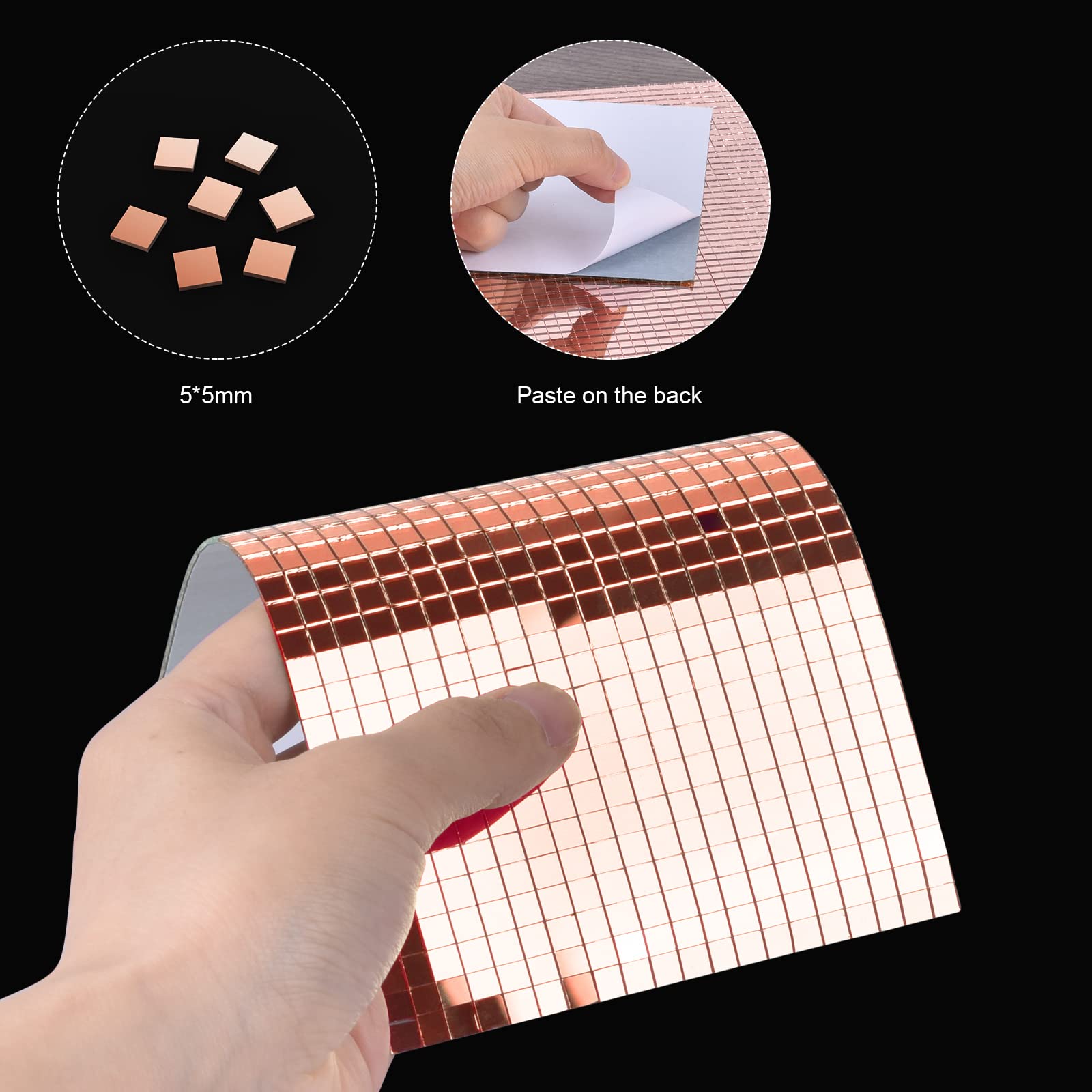 3600Pcs Self-Adhesive Mirror Mosaic Tiles - Mini Square Glass Mirror Stickers for DIY Crafts, Home Decor, Disco Ball & Wall Art (5×5mm, Rose Gold) - Perfect for Bedroom, Bathroom & Party Decorations