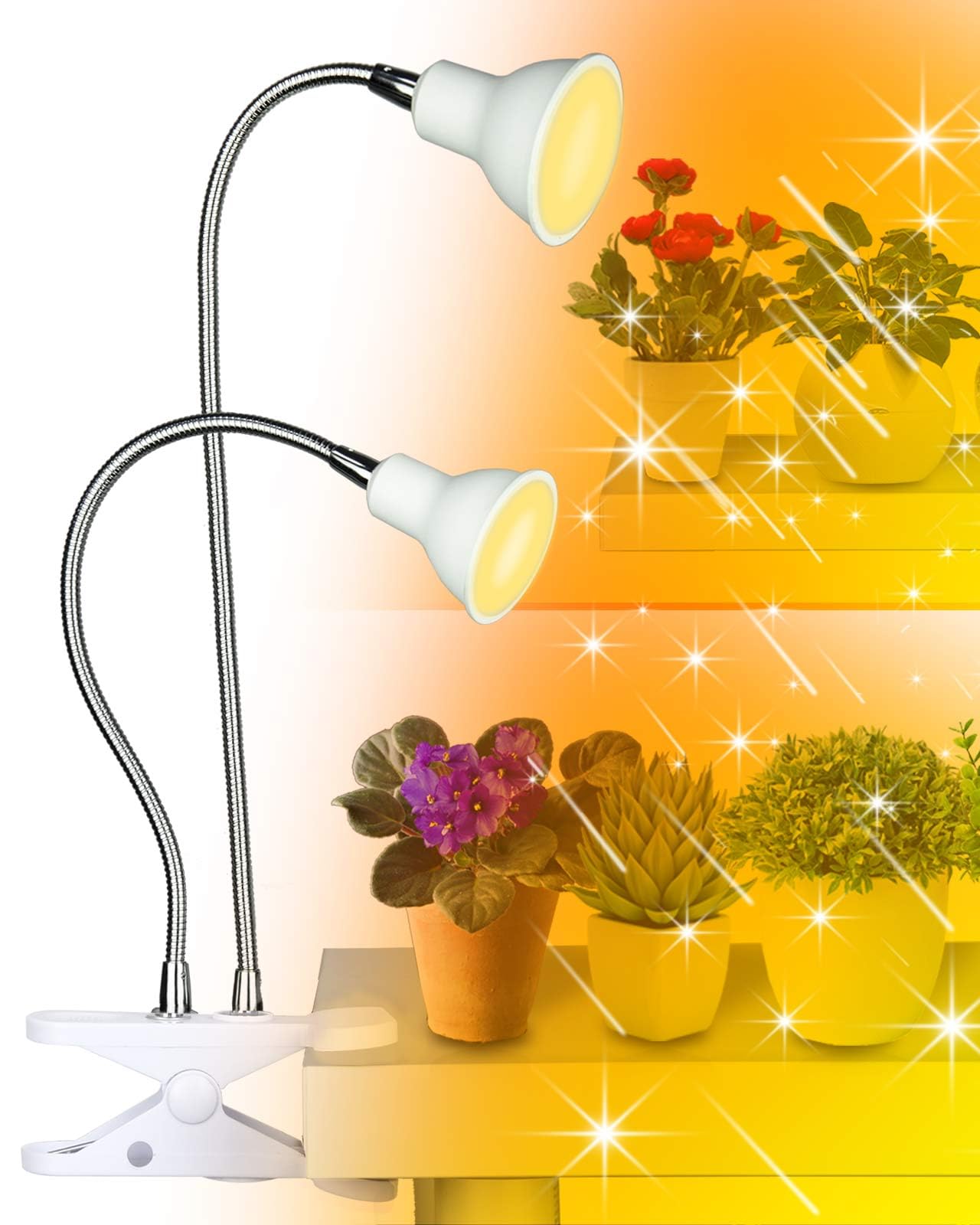 DOMMIA Full Spectrum LED Grow Lights for Indoor Plants - Dual Head Clip Plant Light with Warm White & Red LEDs, Adjustable Gooseneck, Manual ON/Off Switch - Perfect for Houseplants, Seedlings, Hydroponics & Indoor Gardening