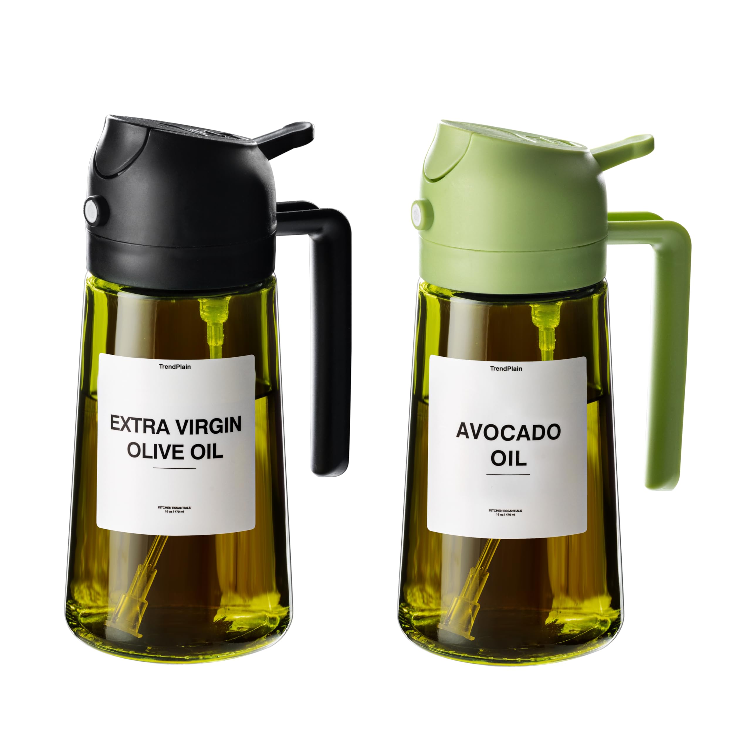 TrendPlain - 16oz/470ml Olive Oil Sprayer Bottle for Kitchen & Air Fryer - Light Blocking Oil Dispenser with Stickers (Black & Green) - Perfect for Cooking, Baking & Healthy Meal Prep