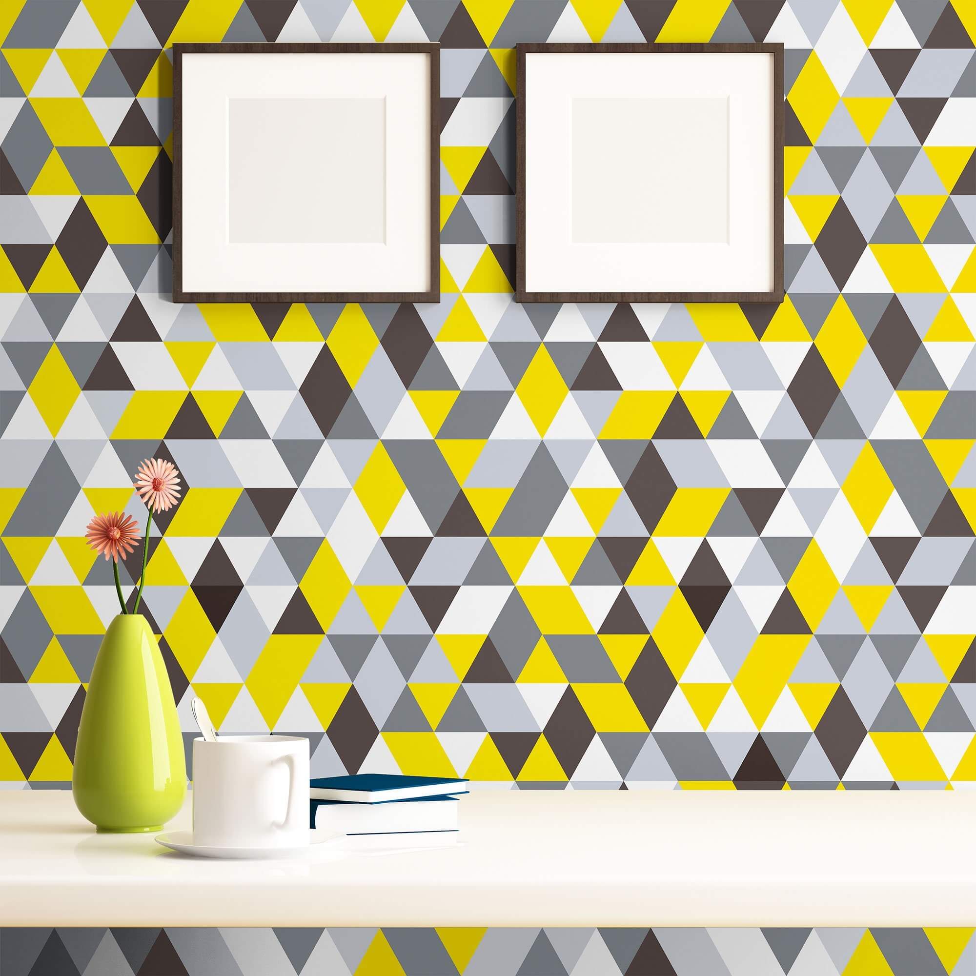Yellow and Grey Geometric Triangle Peel and Stick Removable Wallpaper - Self-Adhesive Decorative Wall Covering for Bedroom, Living Room, Nursery, or Office Decor