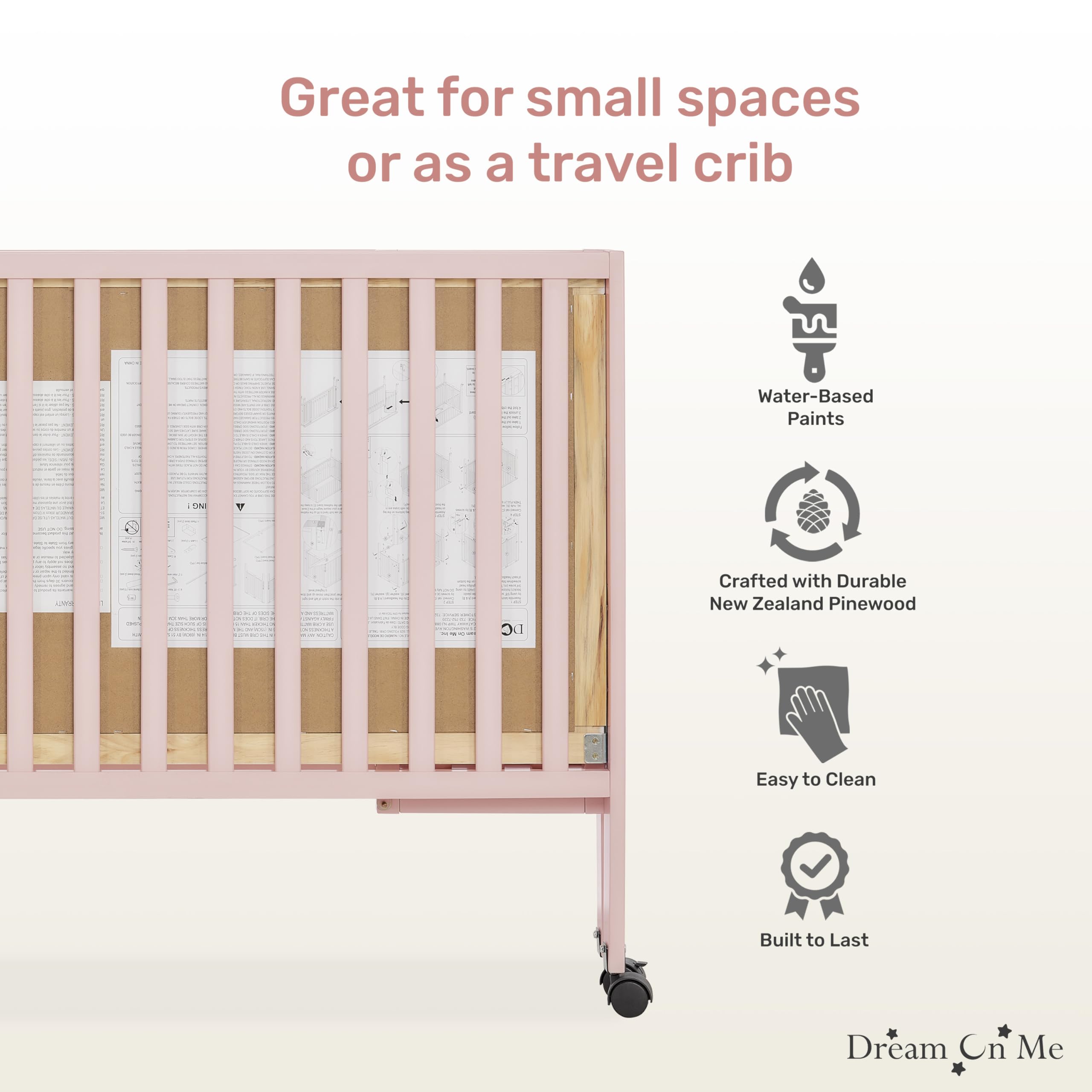 Dream On Me Quinn Full-Size Folding Crib - Blush Pink Baby Crib with Removable Wheels, Adjustable Mattress Support & Patented Foldable Design | Modern Nursery Furniture for Home, Travel & Daycare Use