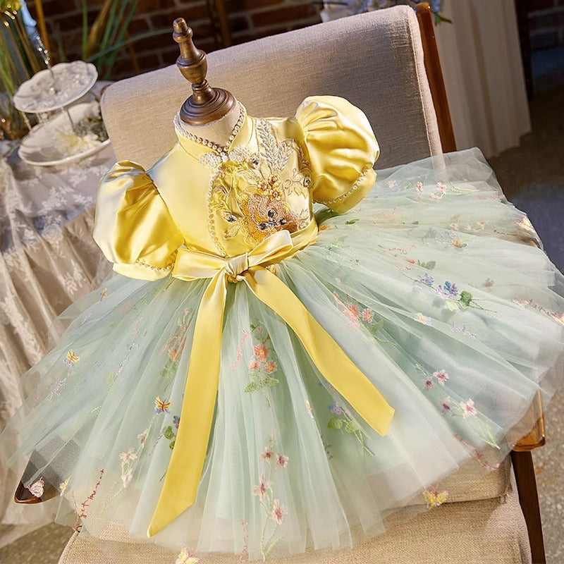 Elegant Baby Girl Chinese Puff Sleeve Puffy Dress - Toddler Girl Party Dresses for Birthday, Photo Shoot & Special Occasions