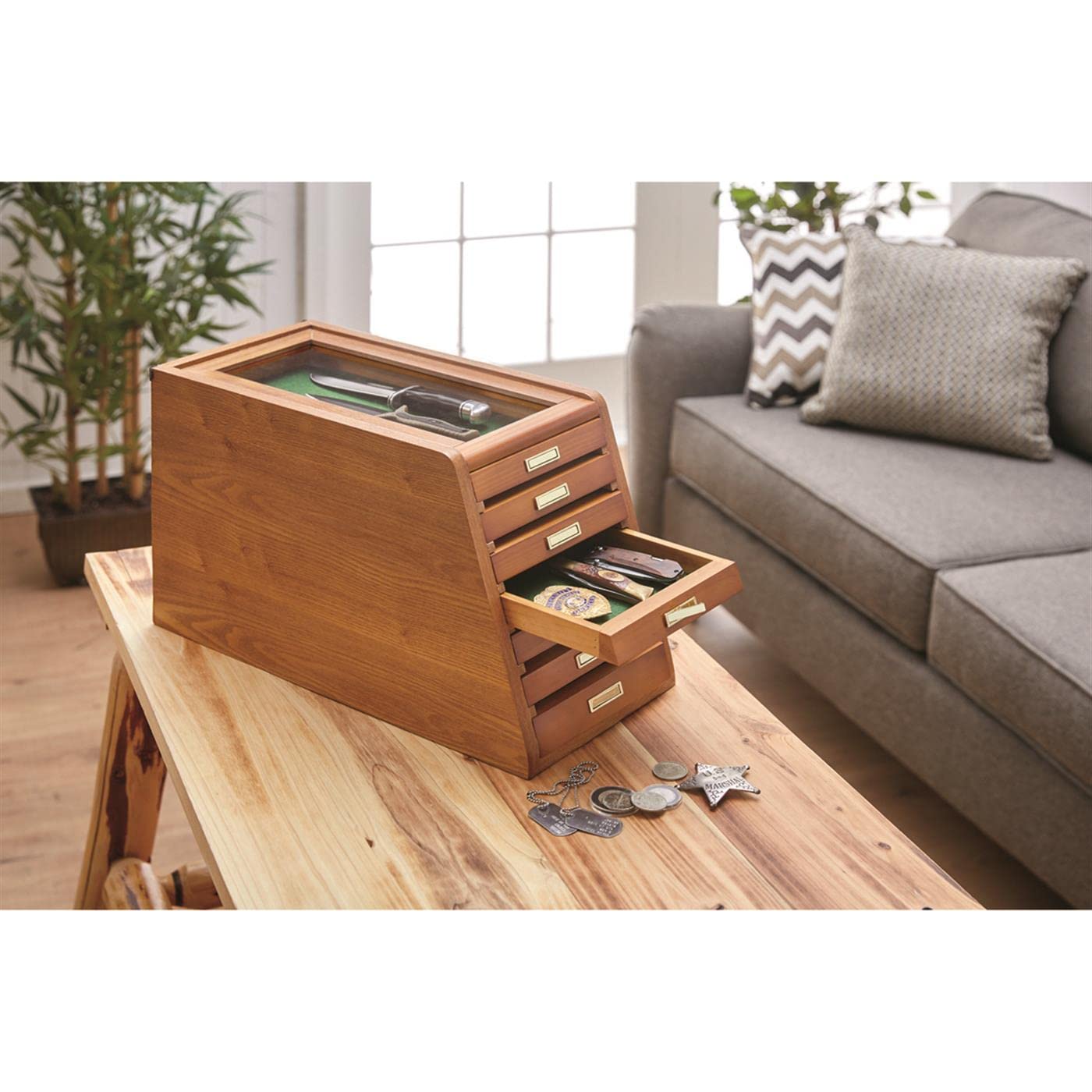 CASTLECREEK 7-Drawer Wooden Collector's Cabinet Display Case - Oak Storage Organizer for Collectibles, Coins, Jewelry & Memorabilia - Perfect for Home, Office or Museum Display