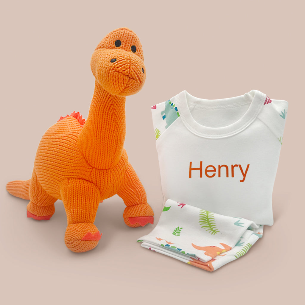 Cute Dinosaur Plush Toy & Custom Name Pyjama Set - Orange Dino Themed Sleepwear for Kids | Perfect for Birthday Gifts, Bedtime & Nursery Decor