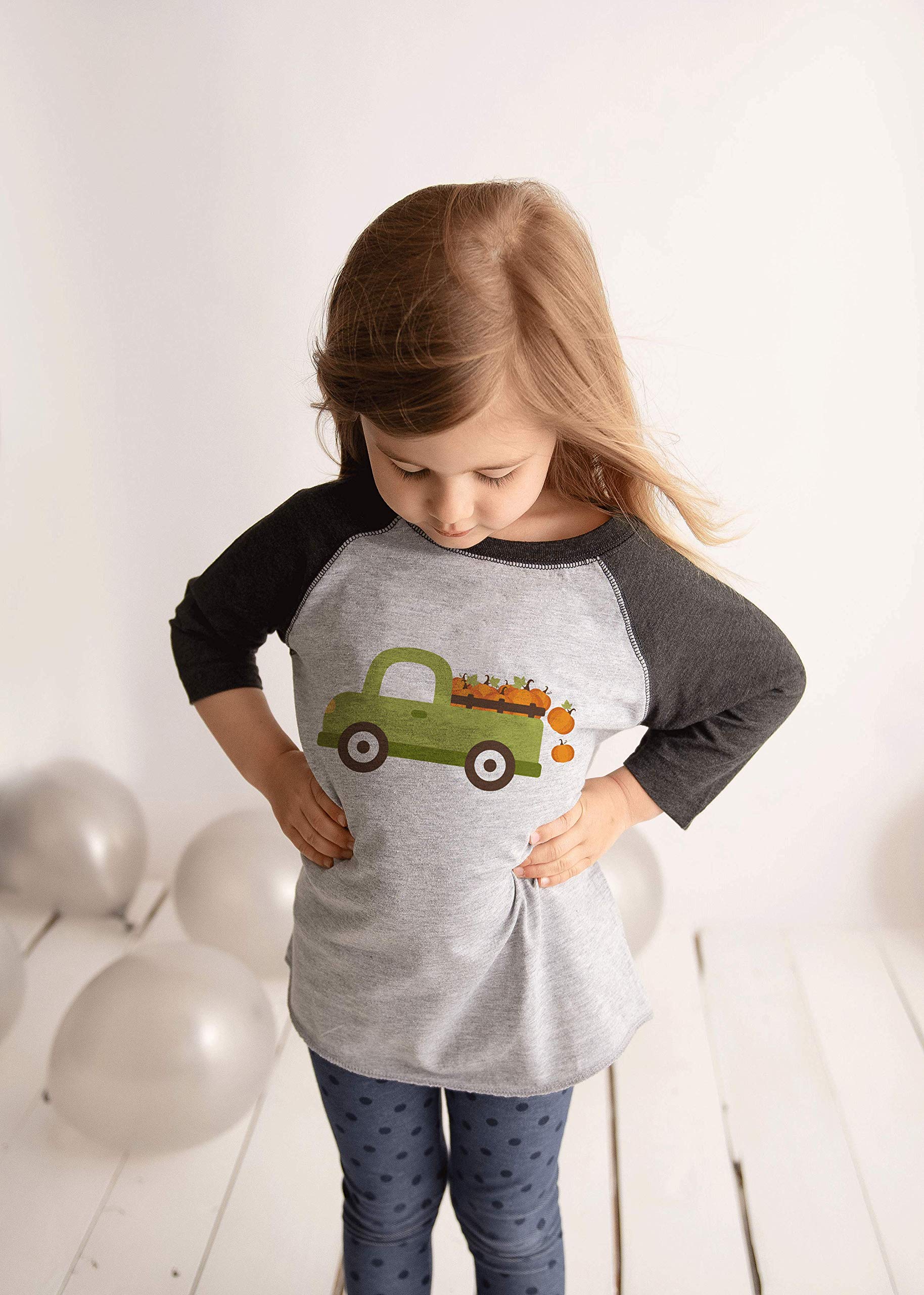 7 ate 9 Apparel Kids Pumpkin Truck Fall Shirt - Grey Cotton T-Shirt for Boys & Girls | Autumn Halloween Outfit, Thanksgiving Family Photo