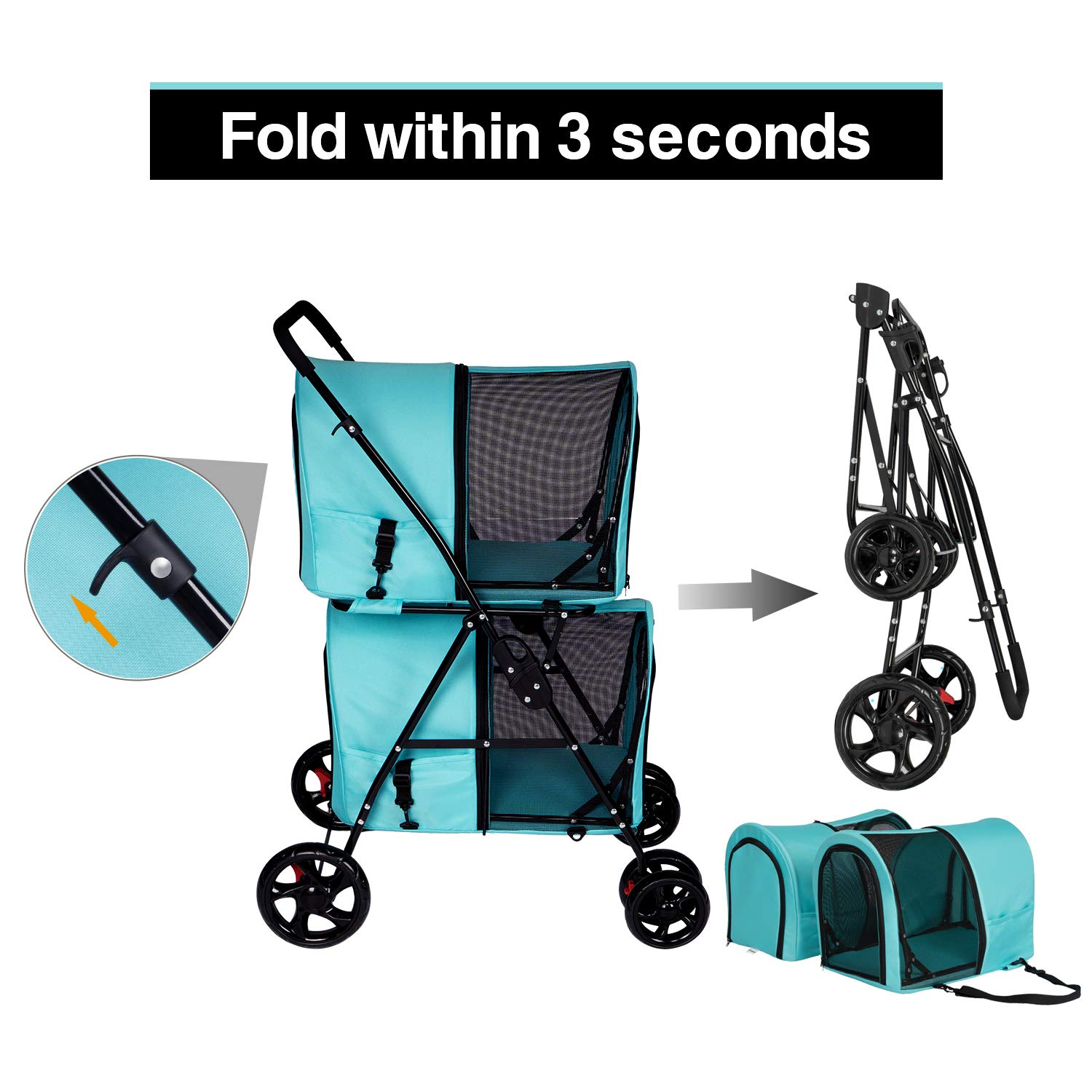 Double Layer 4-Wheel Pet Stroller for Small & Medium Dogs & Cats - Large Space Detachable Carrier, Easy One-Click Folding Design - Perfect for Travel, Shopping & Outdoor Adventures