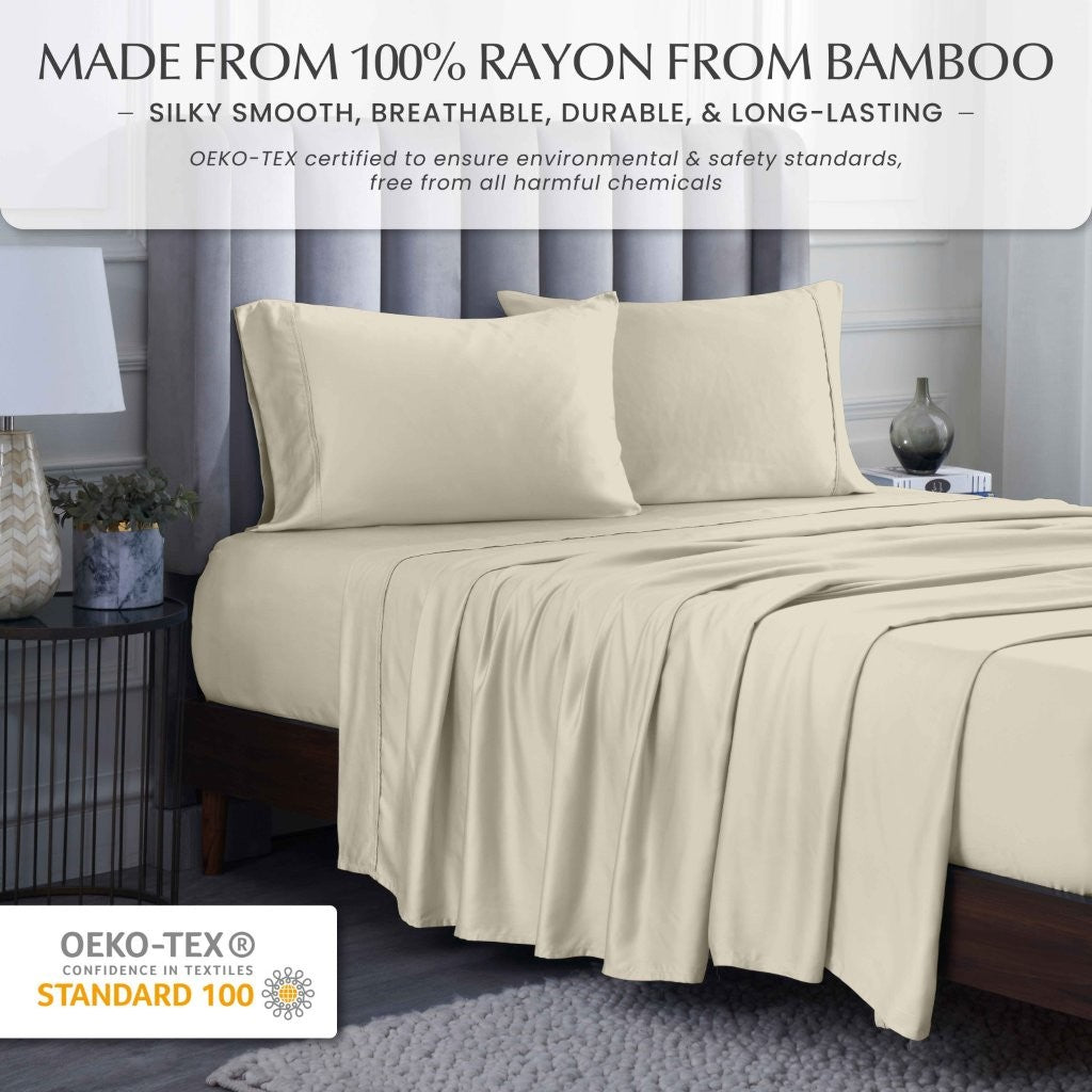 300 Thread Count Rayon Bamboo Deep Pocket Sheet Set - Ultra Soft & Breathable Bed Sheets for Queen Size Mattress - Perfect for Hot Sleepers & All-Season Comfort