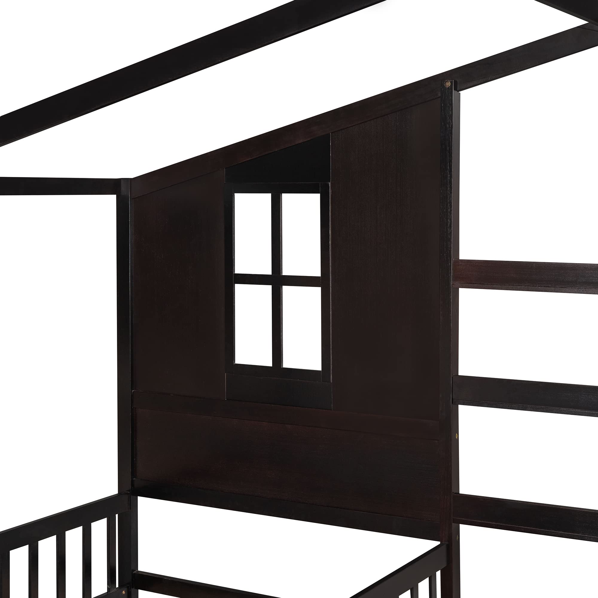Bellemave L-Shaped Twin Bed Frame with Roof - Solid Wood Corner House Bed for Kids, Espresso Finish - Perfect for Small Spaces & Shared Kids' Rooms