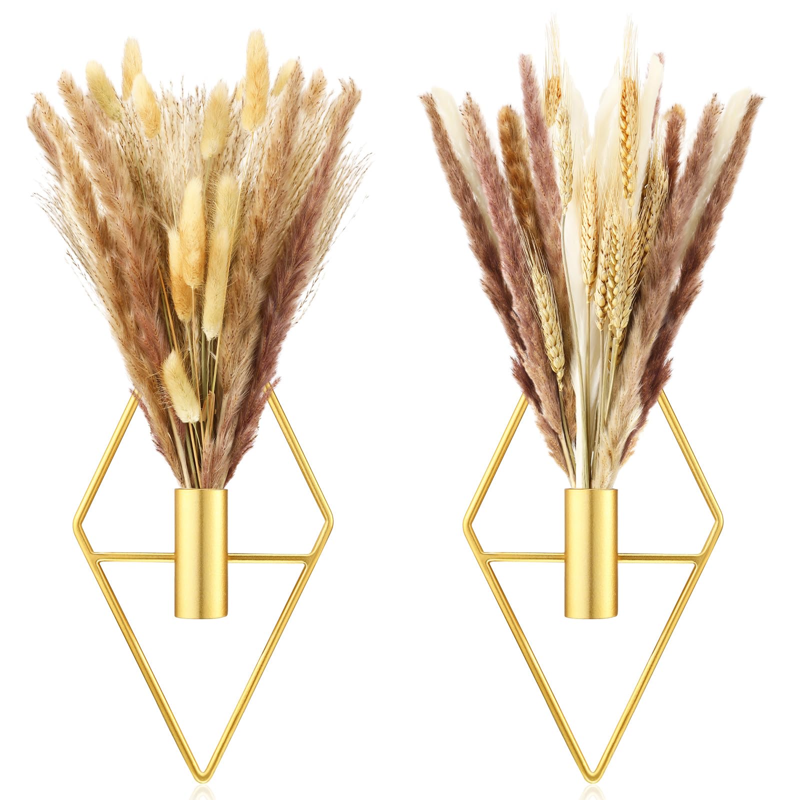 Peryiter 2 Pack Small Boho Wall Hanging Planters with Artificial Pampas Grass - Gold Metal Wall Art for Modern Home Decor, Bedroom, Bathroom & Living Room - Perfect for Bohemian Style & Farmhouse Decor