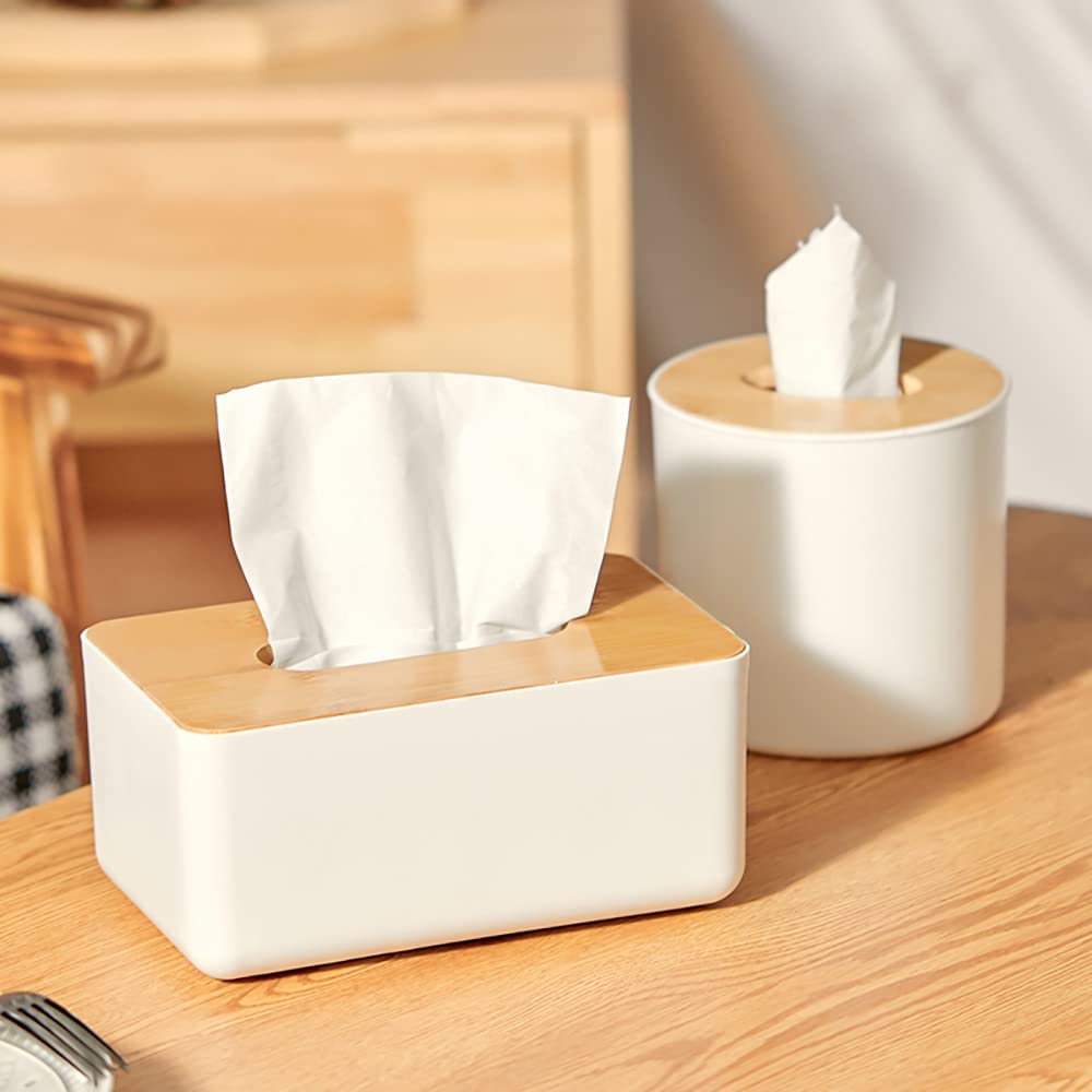 2 Pack Bamboo Tissue Box Holder - Rectangular & Round Wooden Tissue Box Cover for Facial Tissues & Napkins | Bathroom, Kitchen, Office Organizer | Durable & Stylish Home Decor Accessory for Living Room, Bedroom, and Desk
