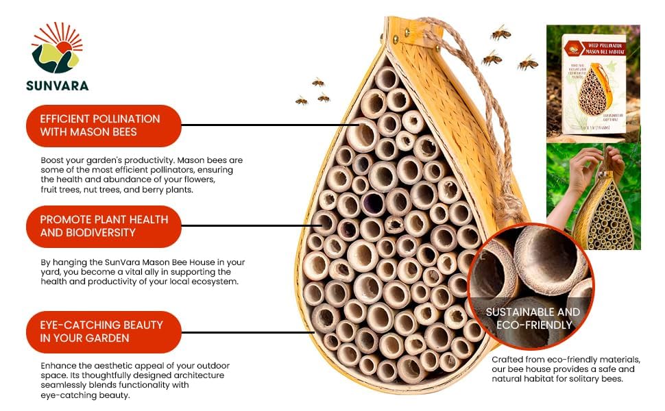 Wild Pollinator Mason Bee Habitat - Natural Garden Bee House for Pollination | Hanging Bee House Pack of 2 for Backyard, Orchard & Organic Farming