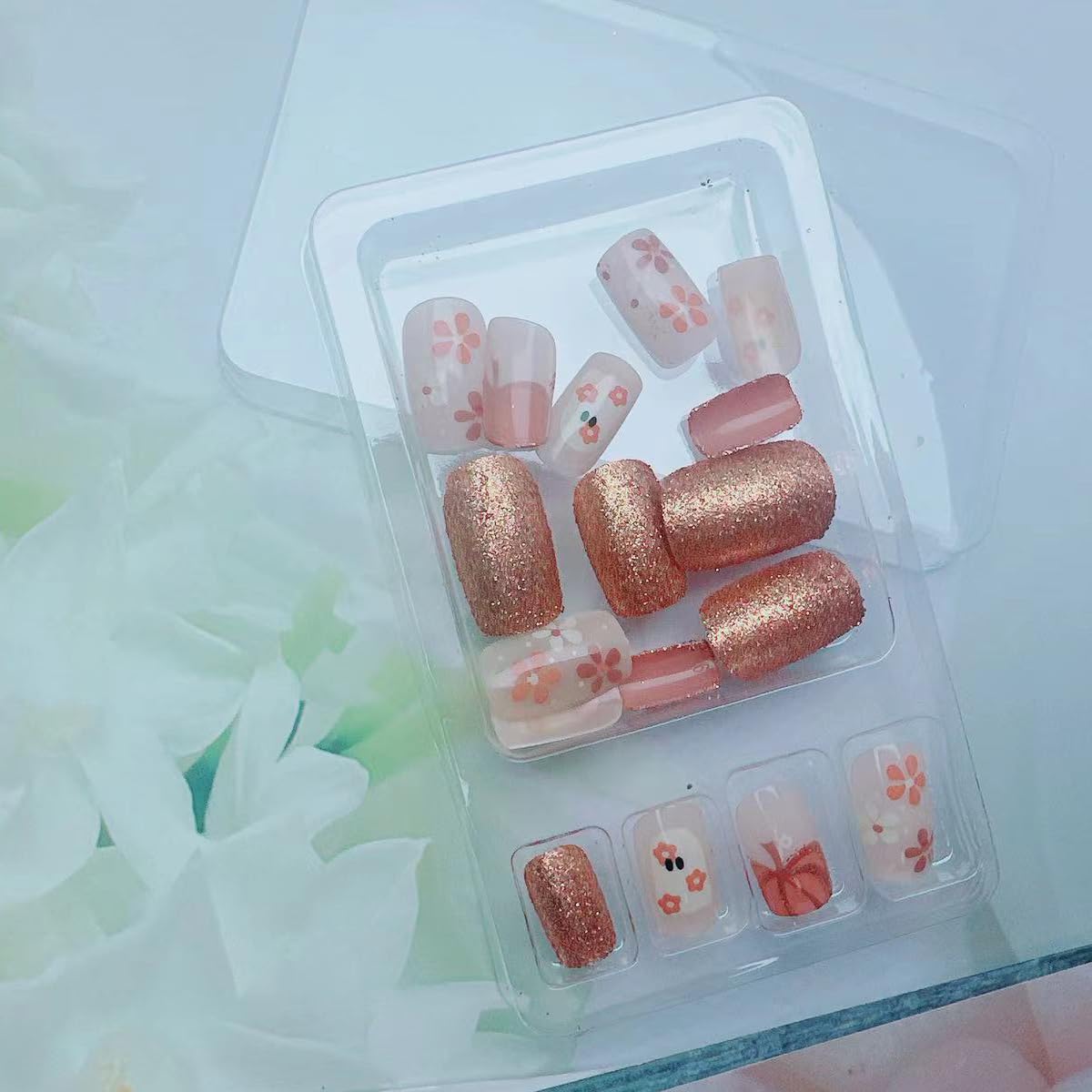 Halloween Press on Nails - 24Pcs Square Medium Fake Nails with Ghost, Flower & Pumpkin Designs | Glossy Stick on Nails for Women | Perfect for Costume Parties, Trick or Treat & Spooky Manicures