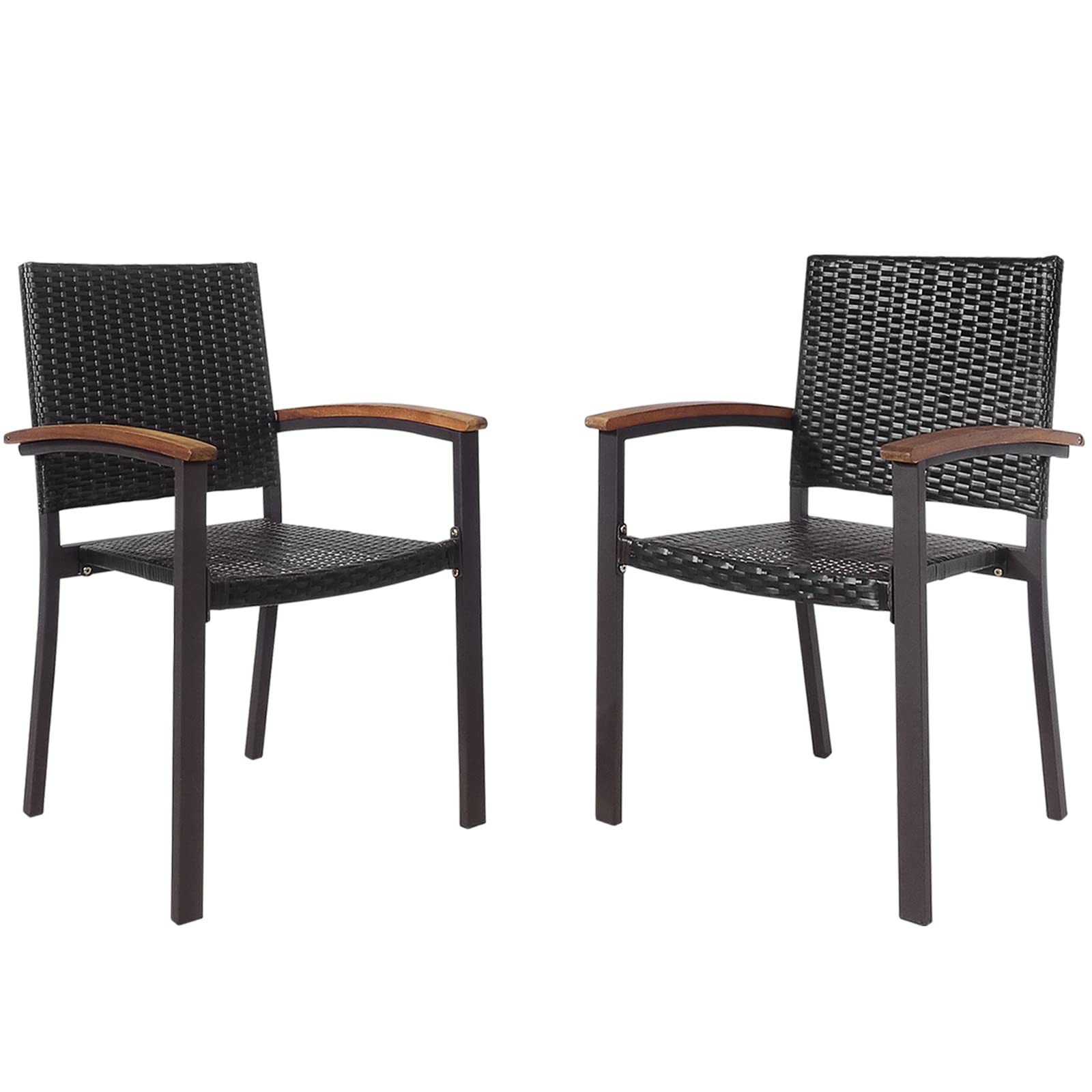 Tangkula 2-Piece Stackable PE Wicker Patio Chairs Set with Acacia Wood Armrests - Indoor/Outdoor Dining Chairs for Garden, Poolside, Backyard & Bistro - Perfect for Outdoor Entertaining, Relaxing & Dining (Mix Brown)