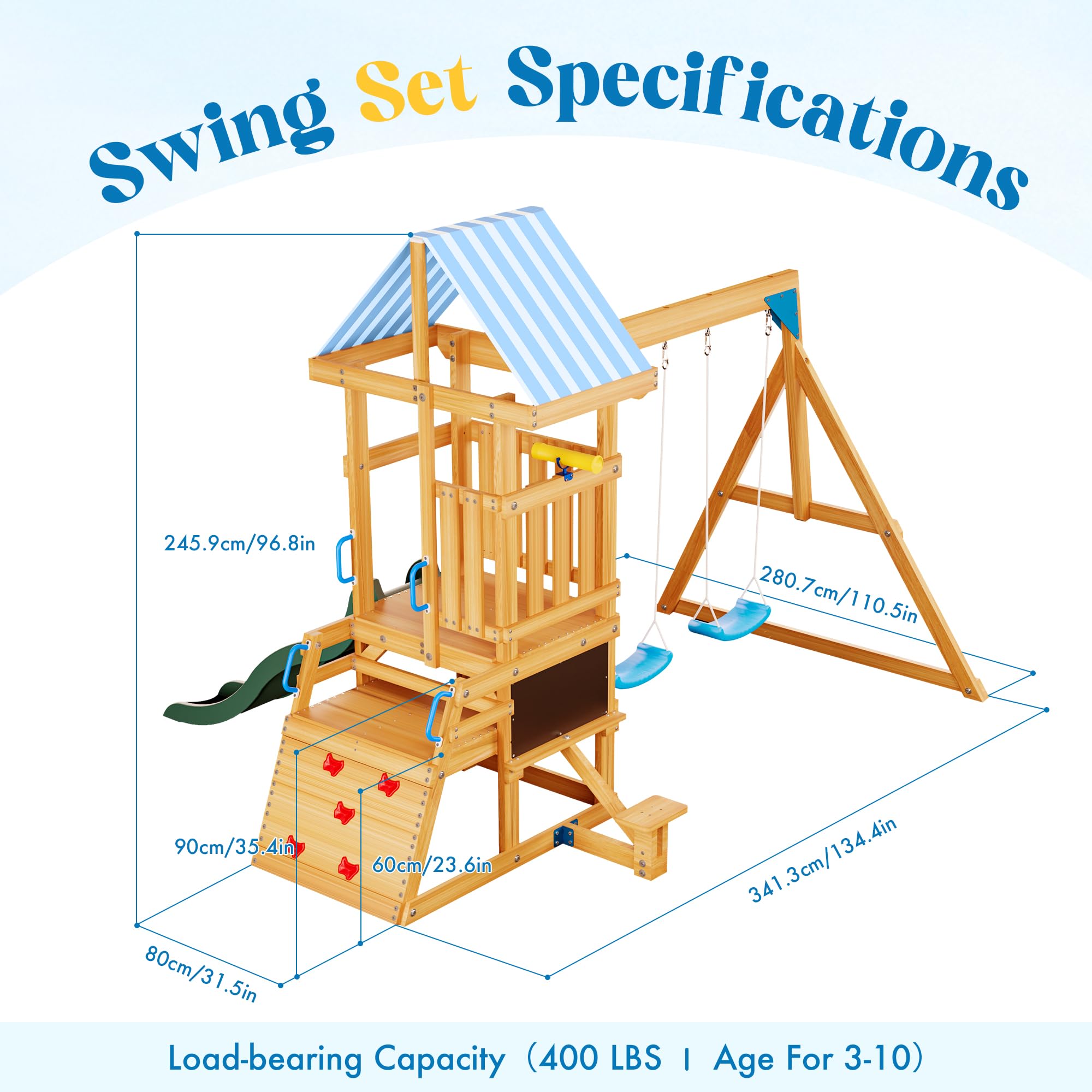 ROBOTIME All-in-One Wooden Swing Set for Backyard - Outdoor Play Equipment with Swings, Slide & Climbing Rope Ladder - Durable Kids Swing Playset for Ages 3-10 - Perfect for Backyard Fun, Playground & Outdoor Activities