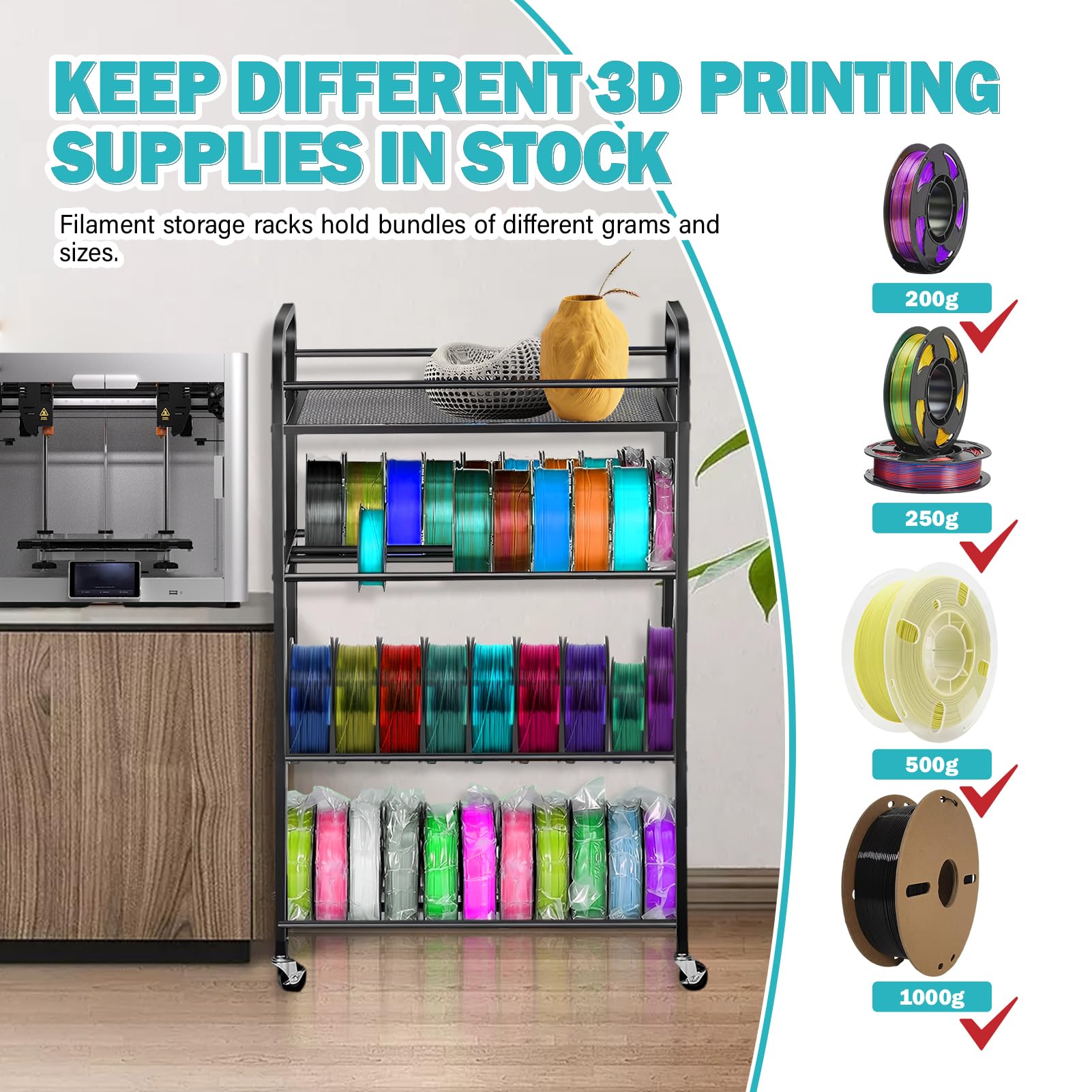4-Layer Heavy-Duty Metal Filament Rack for 3D Printers - Adjustable Large Capacity Spool Holder with Rolling Wheels | Perfect for PLA, TPU Filament Storage in Home Studios & Maker Spaces