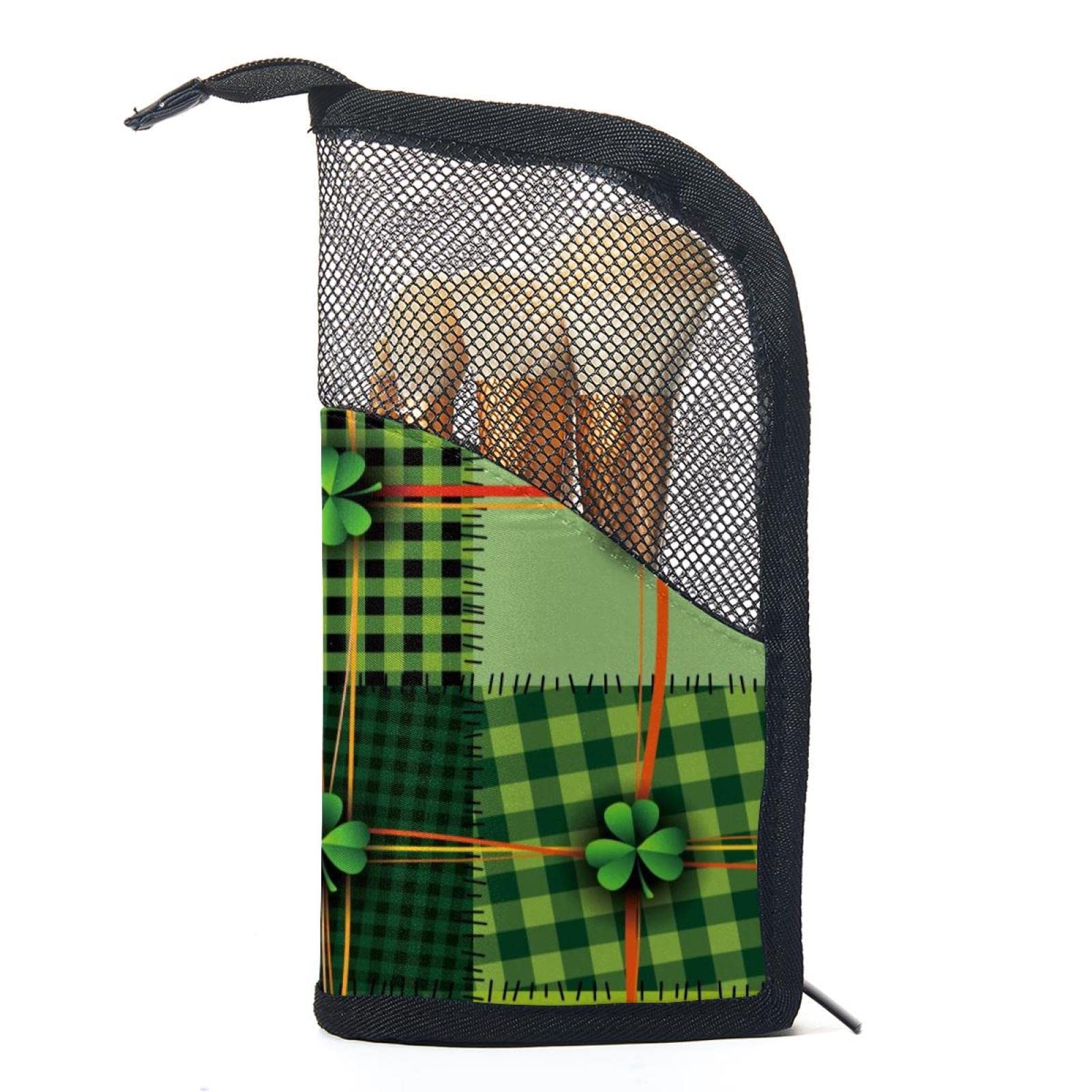 Portable Makeup Brush Organizer Bag with 12 Slots - Green Plaid Luck Clover Design | Perfect for Travel, Home Vanity & Professional Makeup Artists