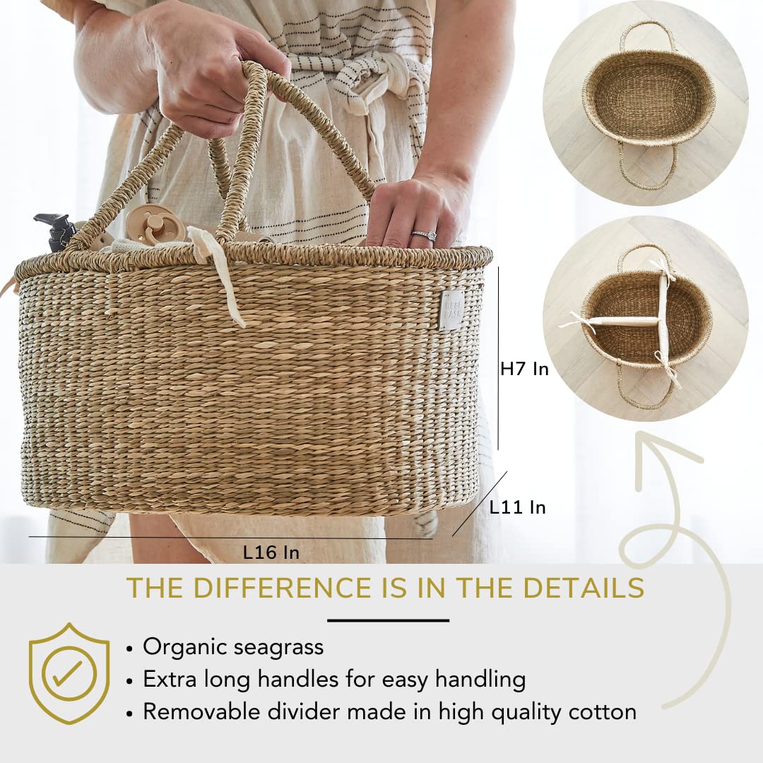 Premium Baby Diaper Caddy Organizer - Handwoven Seagrass Storage Basket with Cotton Divider | Award-Winning Nursery Organization Solution | Perfect for Baby Showers, Nursery Decor & Diaper Storage (ROSA)