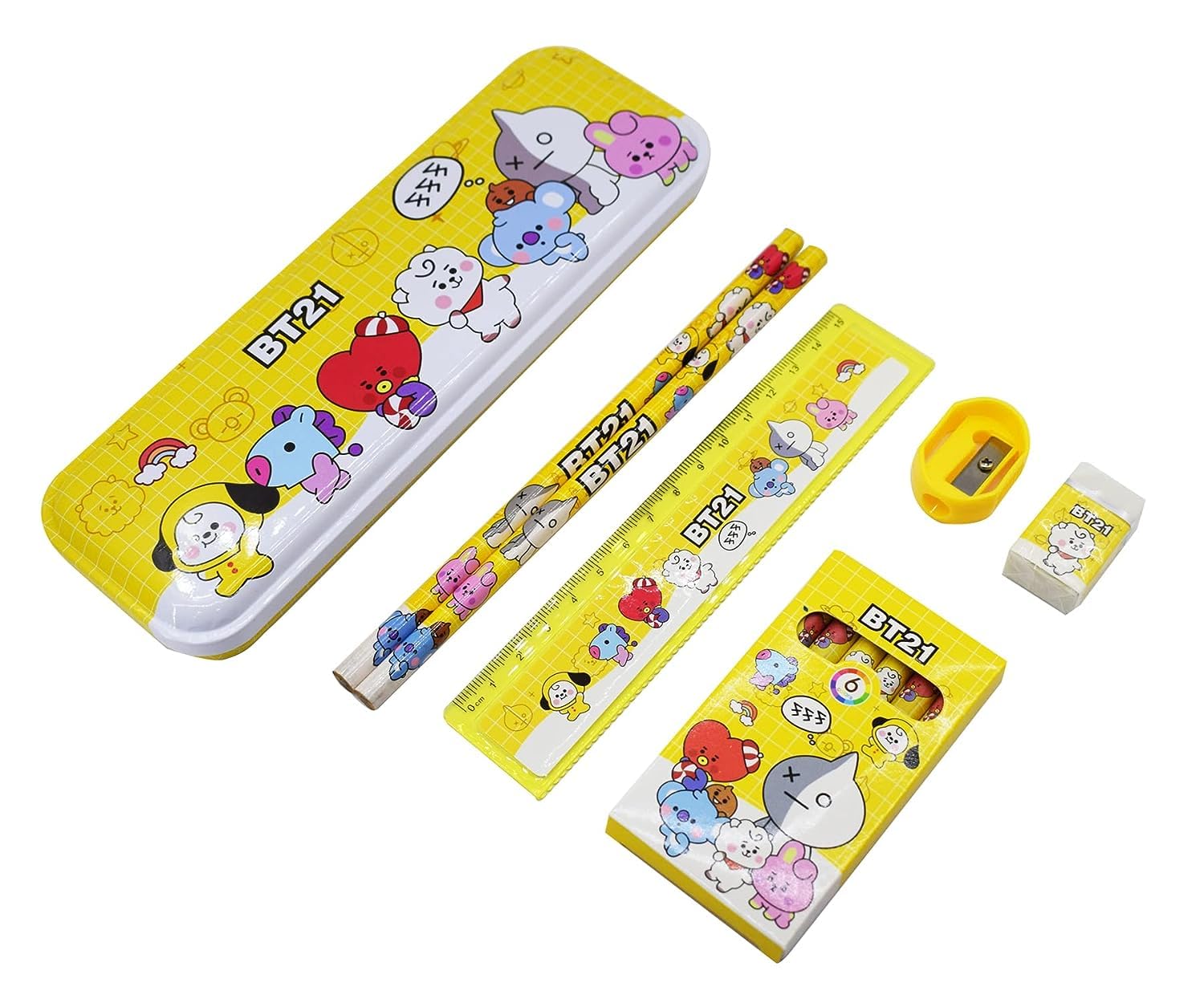 BT21 Cartoon Printed Stationery Kit for Kids - Pencils, Pens, Notebook, Eraser & Sharpener Set - School Supplies for Boys & Girls - Perfect for Back to School, Birthday Gifts & Study Organization