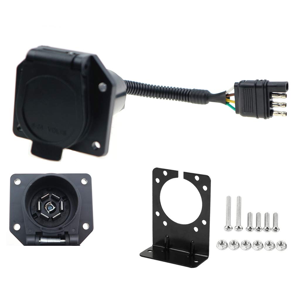 4 to 7 Way RV Trailer Light Wiring Harness Adapter with Connector Socket & Mounting Bracket - Compatible with Car, Truck, Trailer Hitch - Easy Installation for Safe Towing & Camping Trips