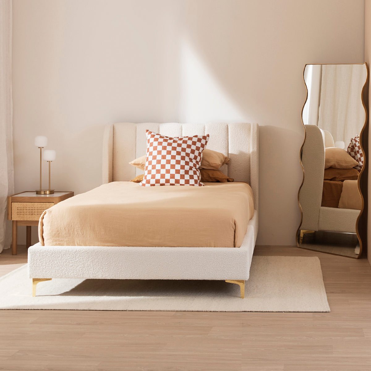Georgia Boucle Fabric King Single Bed Frame - White Upholstered Headboard, Modern & Cozy for Small Spaces - Perfect for Apartments, Guest Rooms & Dormitories