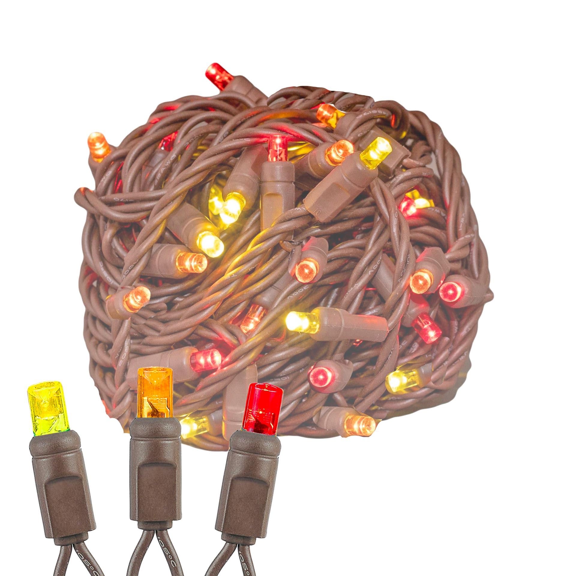 50-LED 17ft Brown Wire Autumn String Lights - Commercial Grade Outdoor Fall Decor with Yellow/Red/Orange 5mm Bulbs, UL Listed, Connectable up to 730ft - Perfect for Halloween, Thanksgiving & Seasonal Party Lighting