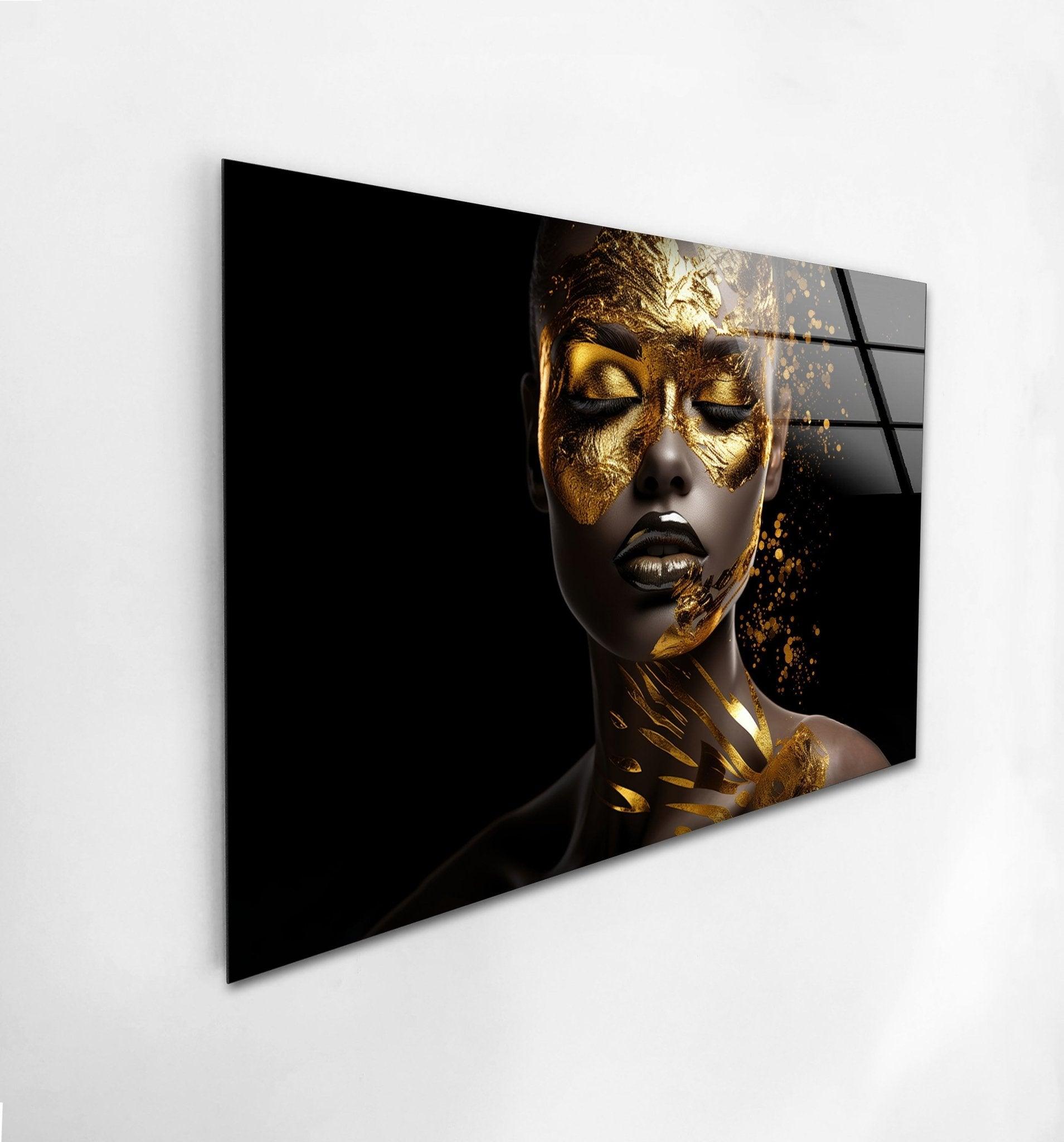 African Woman Portrait with Gold Face - Elegant Glass Wall Art for Living Room, Bedroom & Office Decor