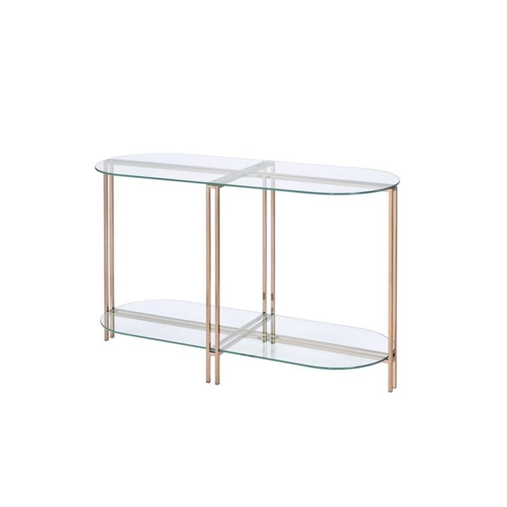 Acme Veises Oval Glass Top Sofa Table with Metal Frame & Glass Shelf - Gold & Champagne Finish - Perfect for Living Room, Entryway or Bedroom Decor
