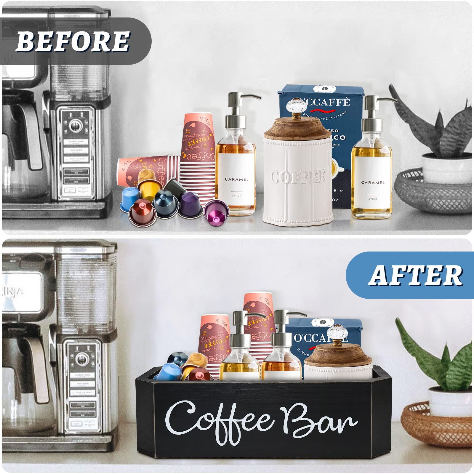 Countertop Coffee Station Organizer - Coffee Pod Holder & Storage Bin for Keurig K-Cups - Black Coffee Bar Accessories Set for Home Kitchen Decor & Office Break Room