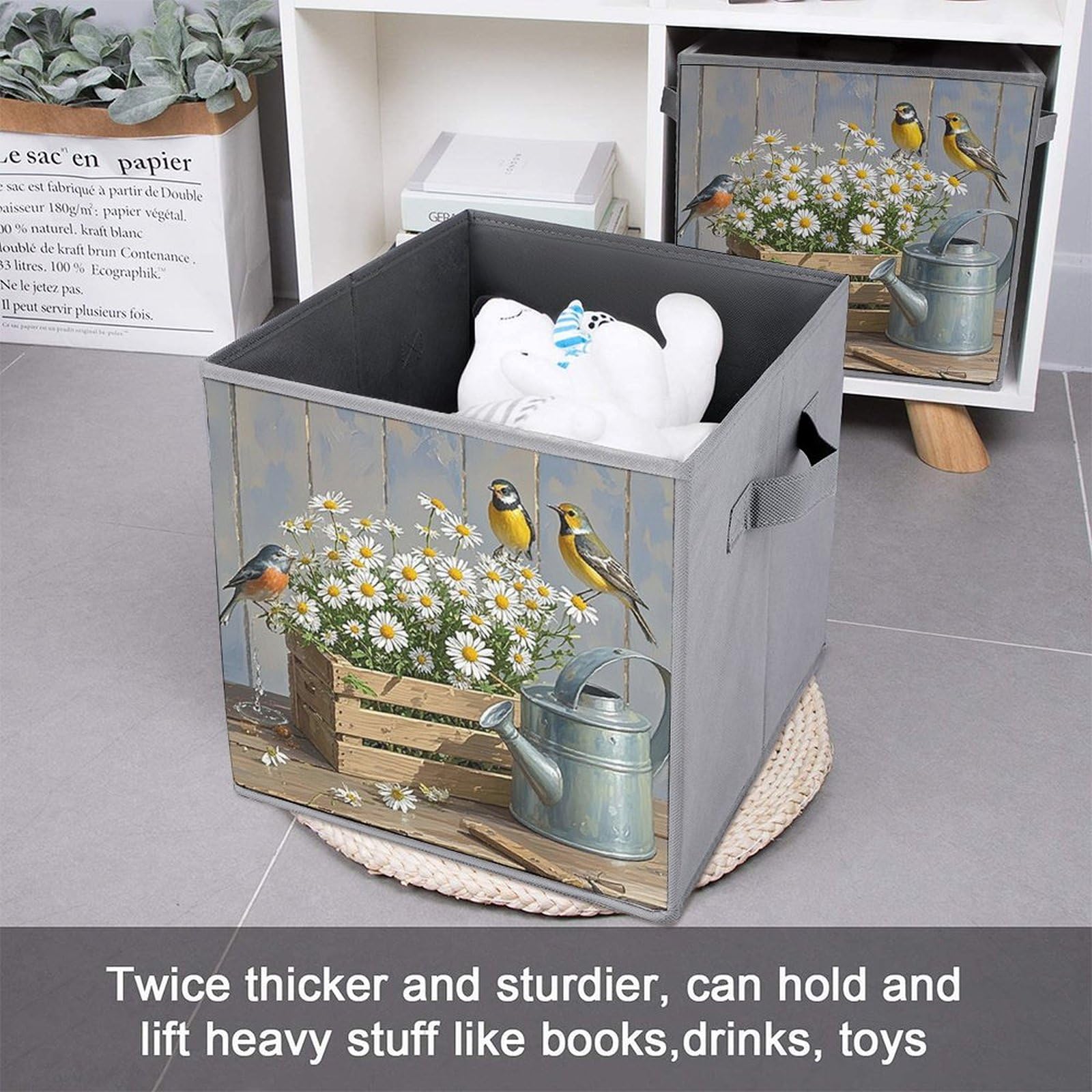 2PCS Foldable Storage Bins with Daisy & Bird Print - Large Capacity Storage Boxes with Handles for Home, Office, Playroom Organization | Perfect for Toys, Books, Clothes & Household Items Storage