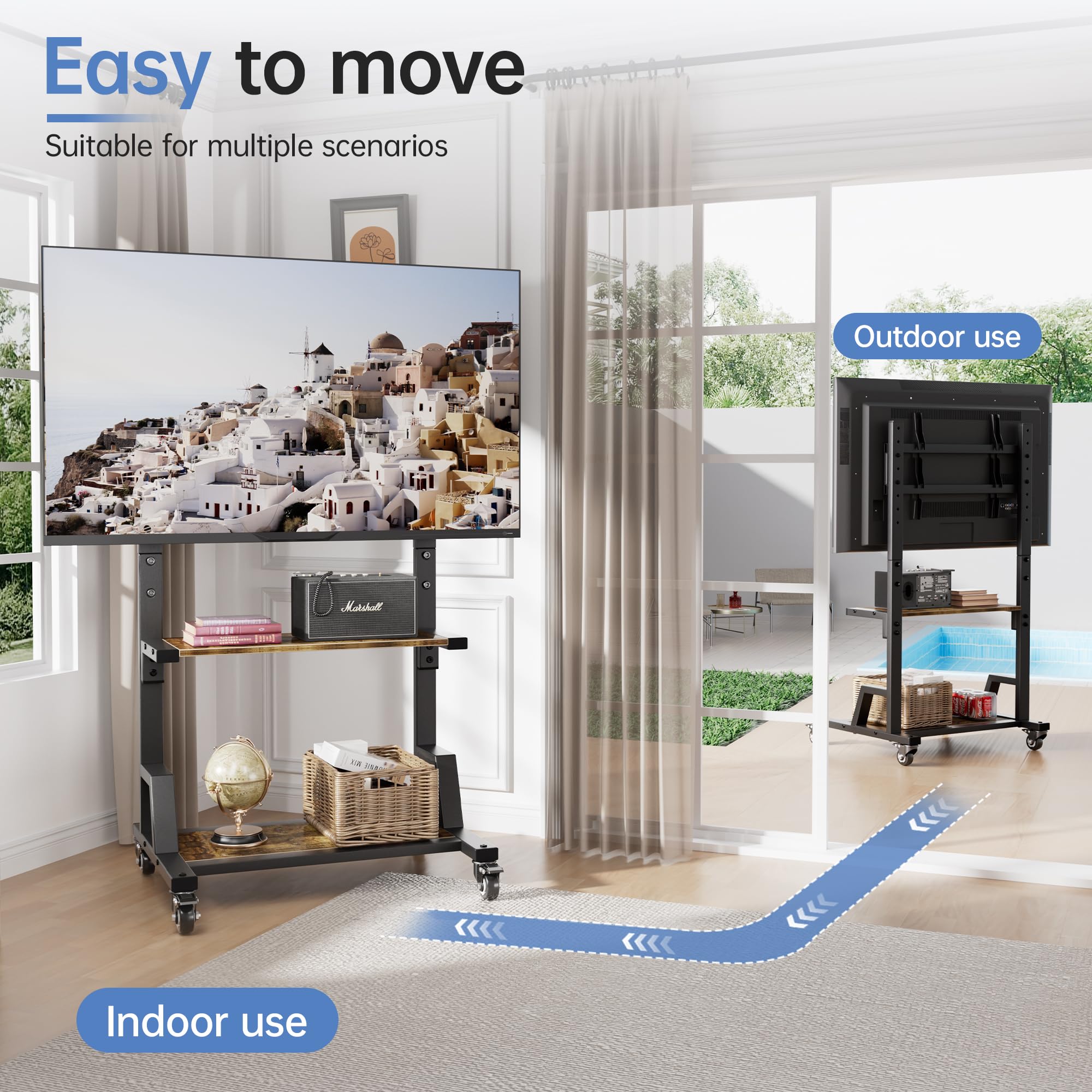 Heavy-Duty Rolling TV Stand with Large Storage - Mobile TV Cart for 32-75 Inch TVs (Max VESA 600x400mm, 150 lbs Capacity) - Adjustable Height TV Stand for Living Room, Bedroom, Office & Outdoor Use - Rustic Brown Finish