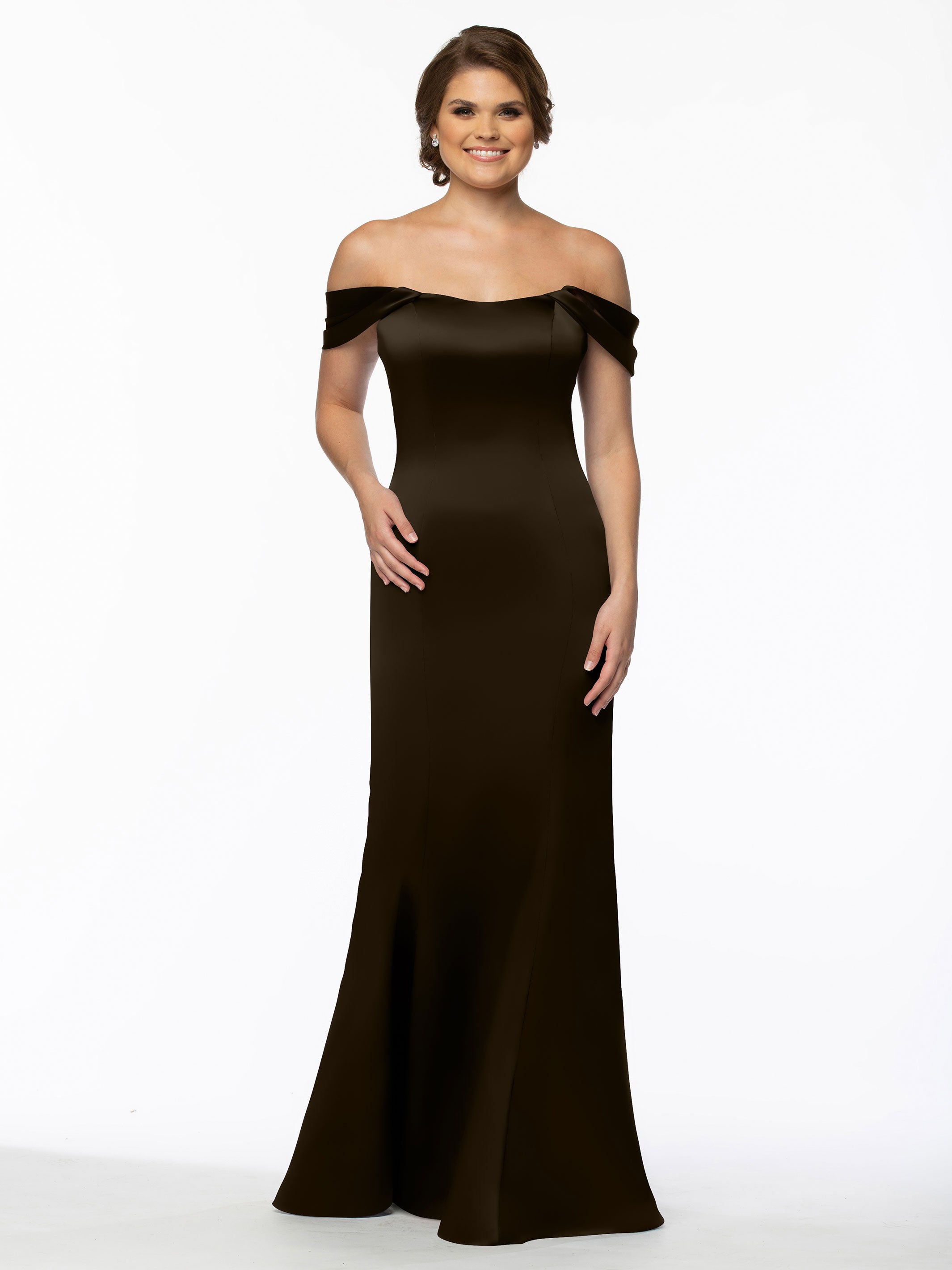Elegant 80151 Fitted Satin Bridesmaid Dress with Off-The-Shoulder Sleeves - Perfect for Weddings, Formal Events & Special Occasions