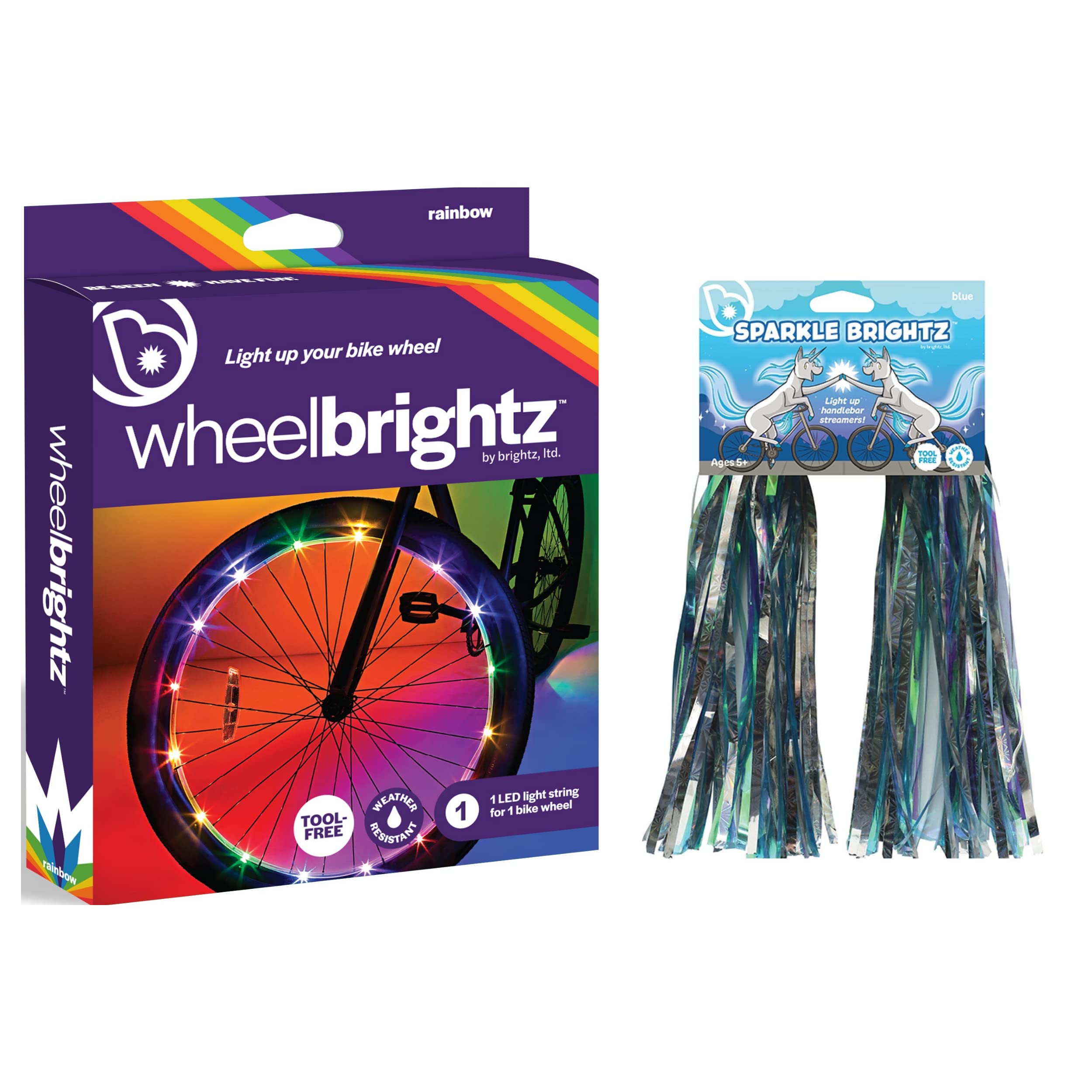 Brightz LED Bike Wheel Lights & LED Light Up Bike Tassels Combo - Pack of 2 WheelBrightz Bicycle LED Spoke Lights with SparkleBrightz Bike Streamers - Waterproof Cycling Safety Lights for Night Riding, Commuting, and Fun Outdoor Activities