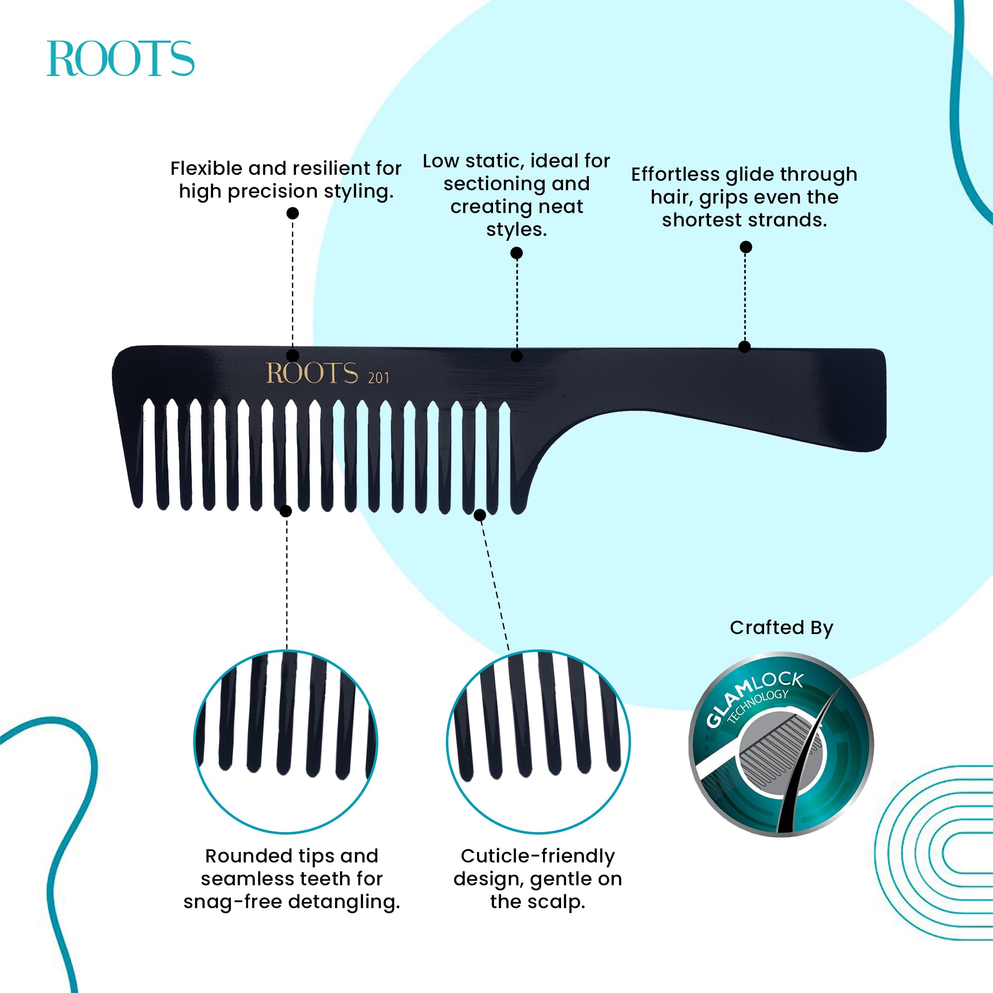 Roots Professional Detangling & Shampoo Comb - Black Fine Teeth Paddle Comb for Men & Women - Lightweight Hair Styling Tool for Daily Use - Pack of 1 (Model 201) - Perfect for Wet Hair, Thick Curly Hair & Salon Styling